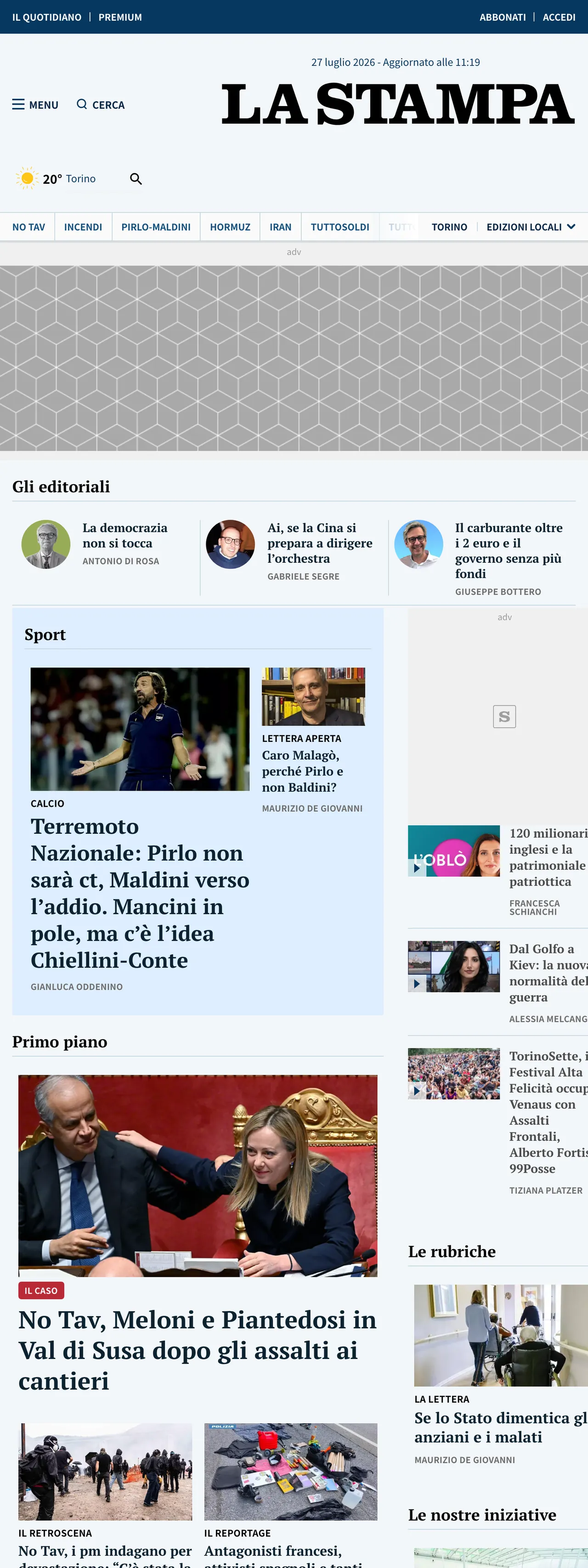 Screenshot of the La Stampa front page