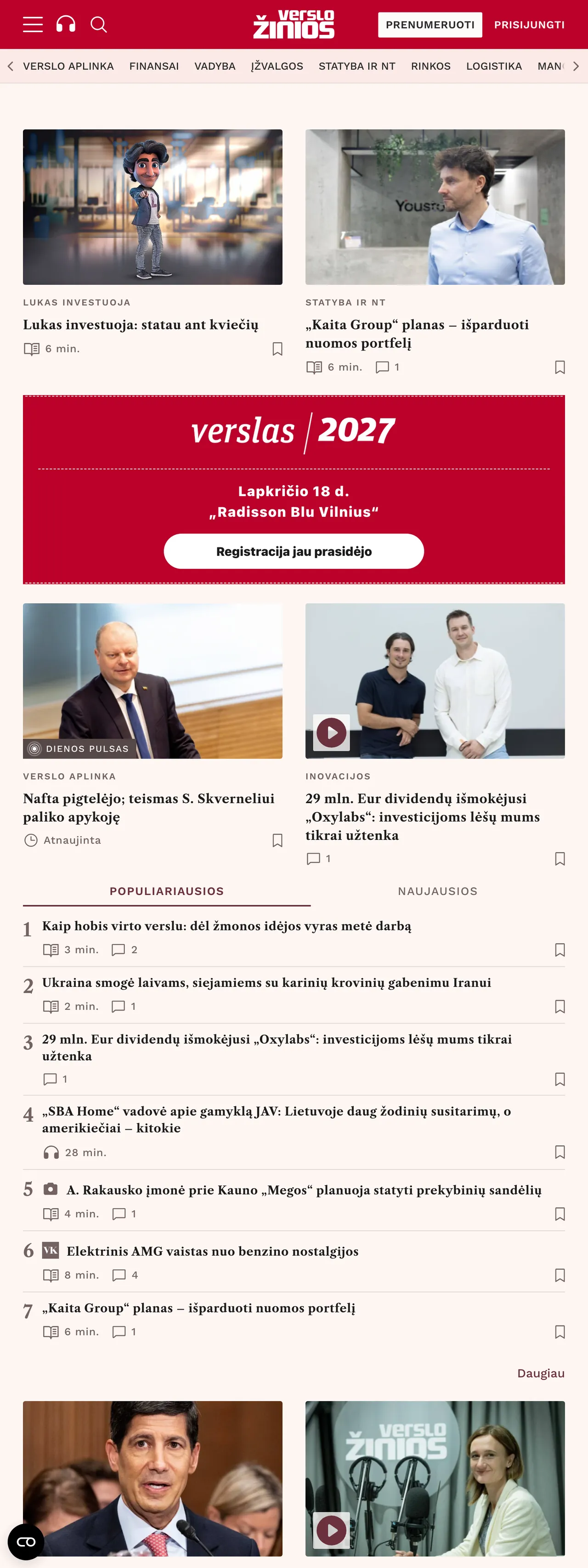 Screenshot of the Verslo žinios front page