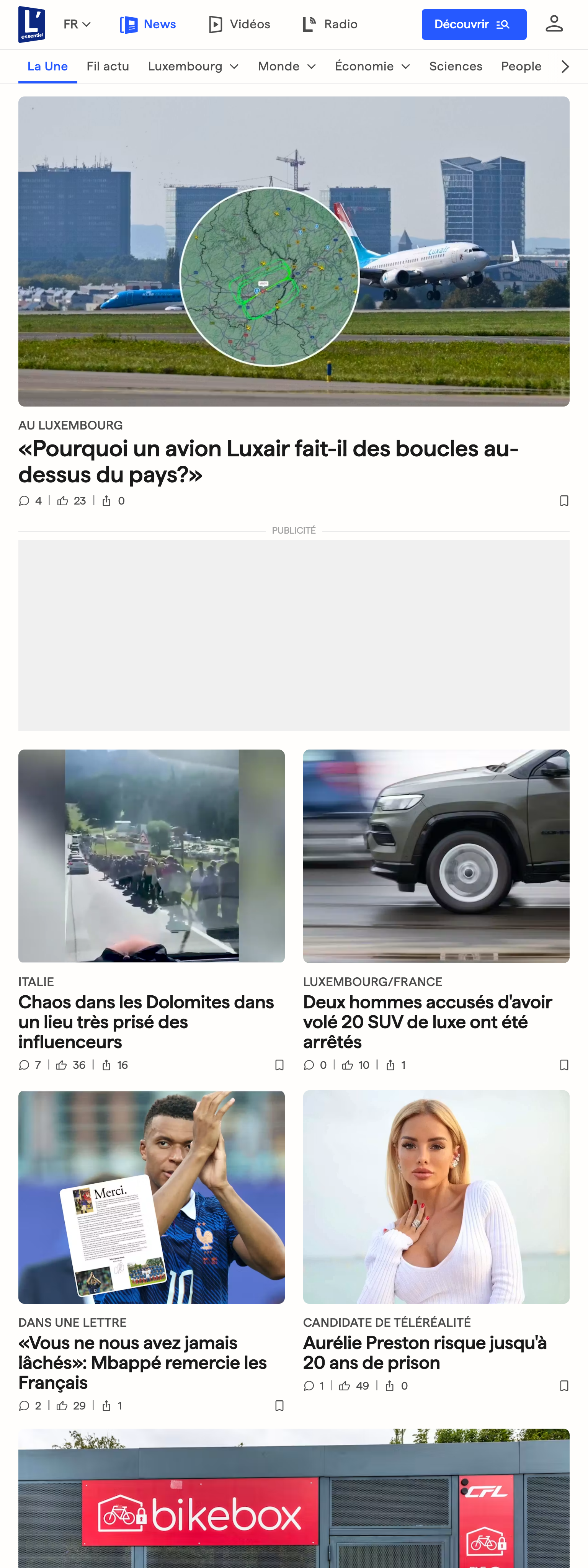 Screenshot of the L'essentiel front page