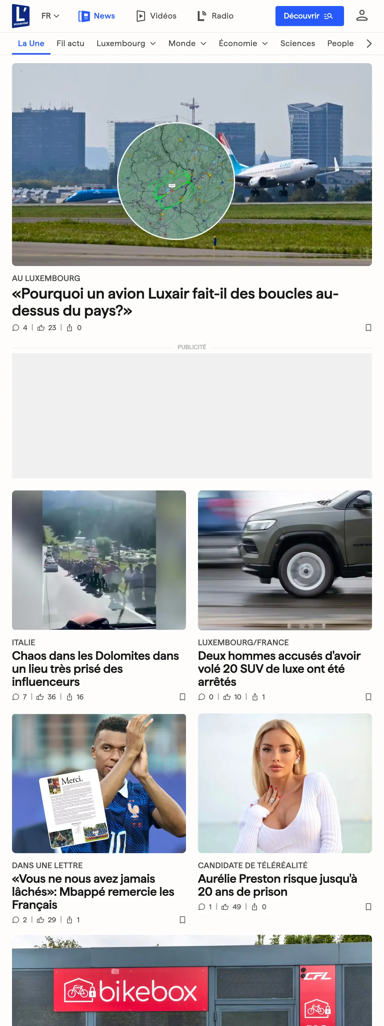 Screenshot of the L'essentiel front page