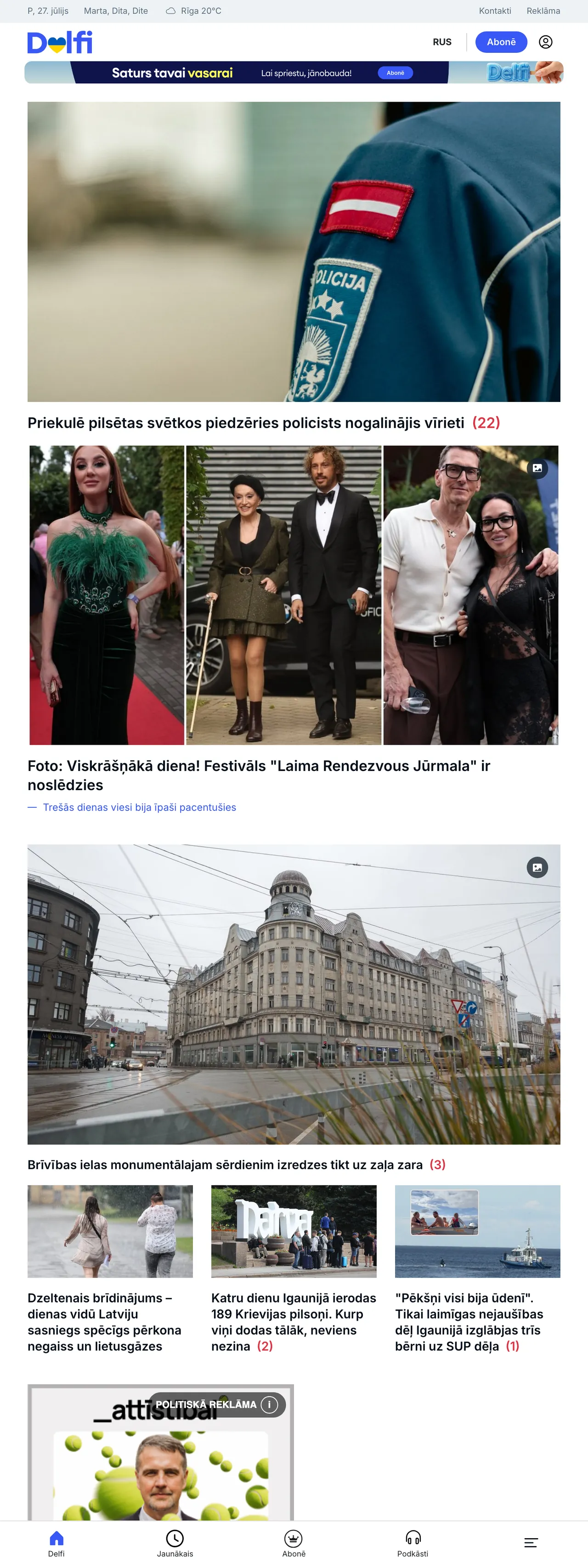 Screenshot of the Delfi front page
