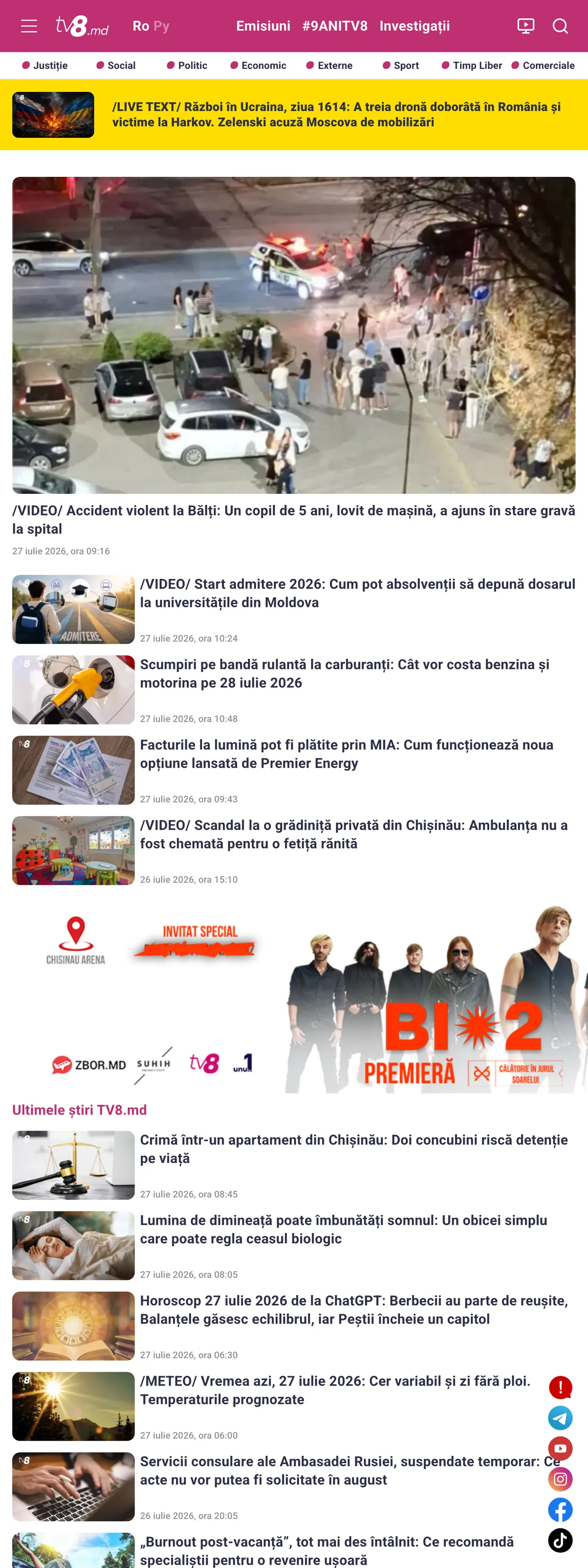 Screenshot of the TV8 front page