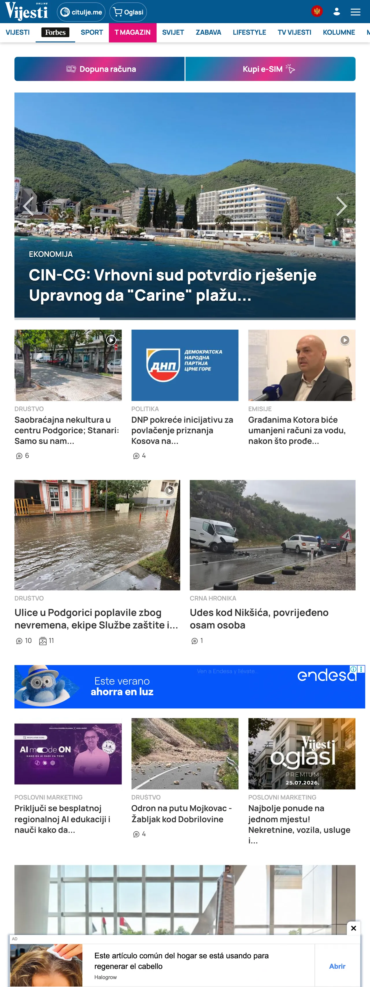 Screenshot of the Vijesti front page