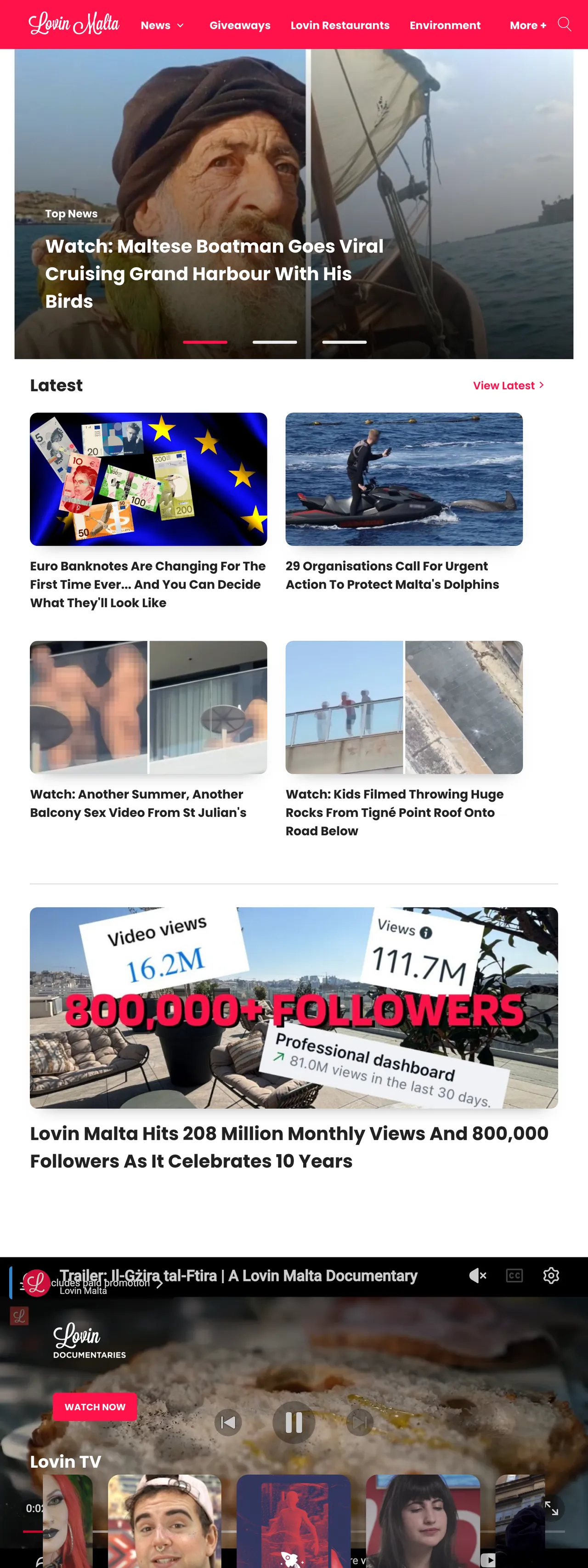 Screenshot of the Lovin Malta front page