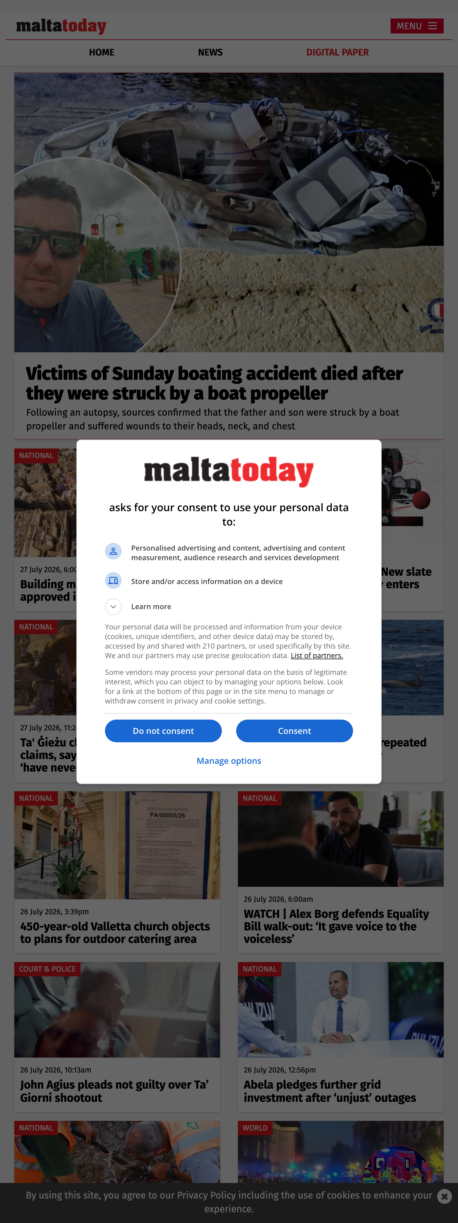 Screenshot of the Malta Today front page