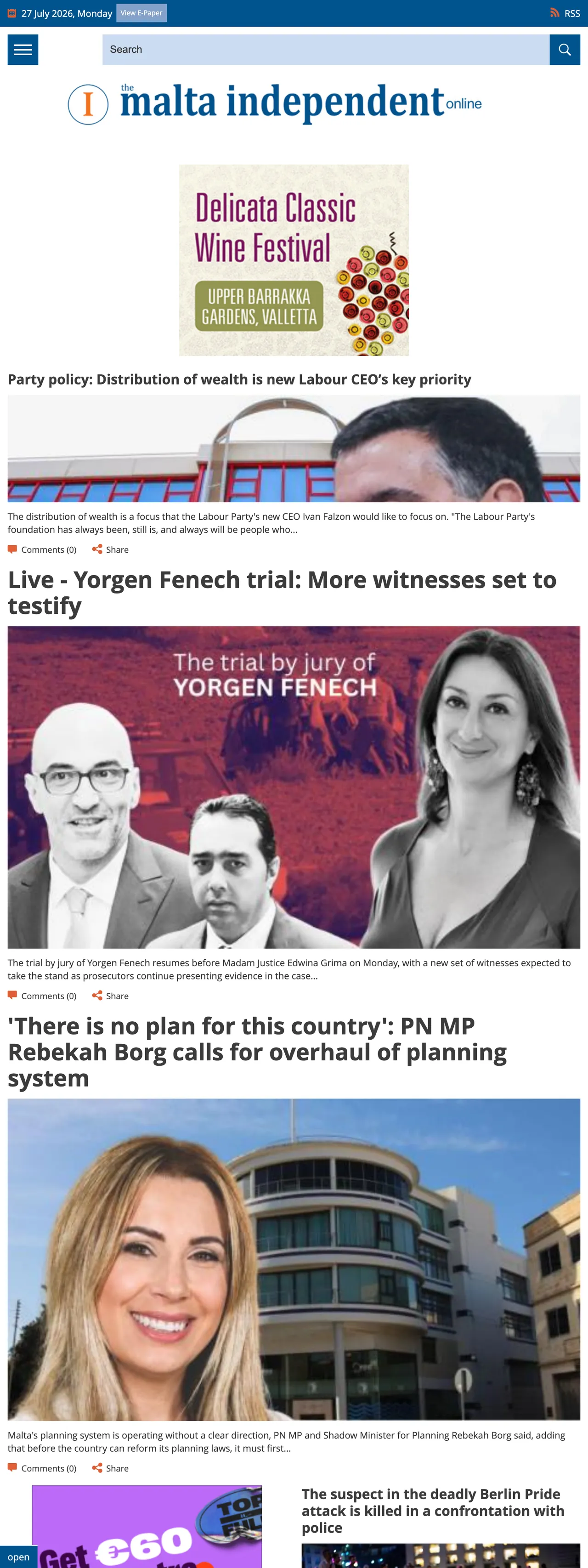 Screenshot of the The Malta Independent front page
