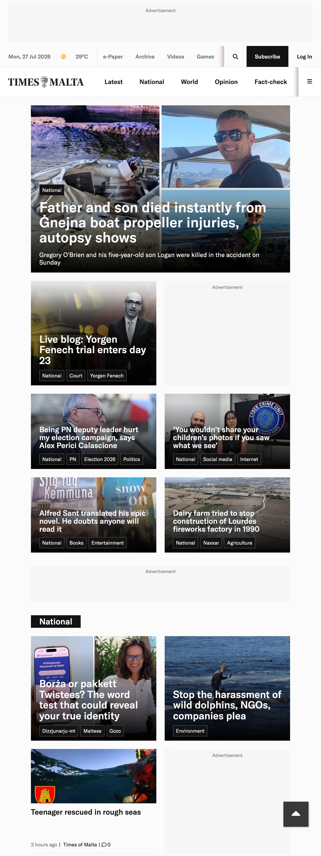 Screenshot of the Times of Malta front page