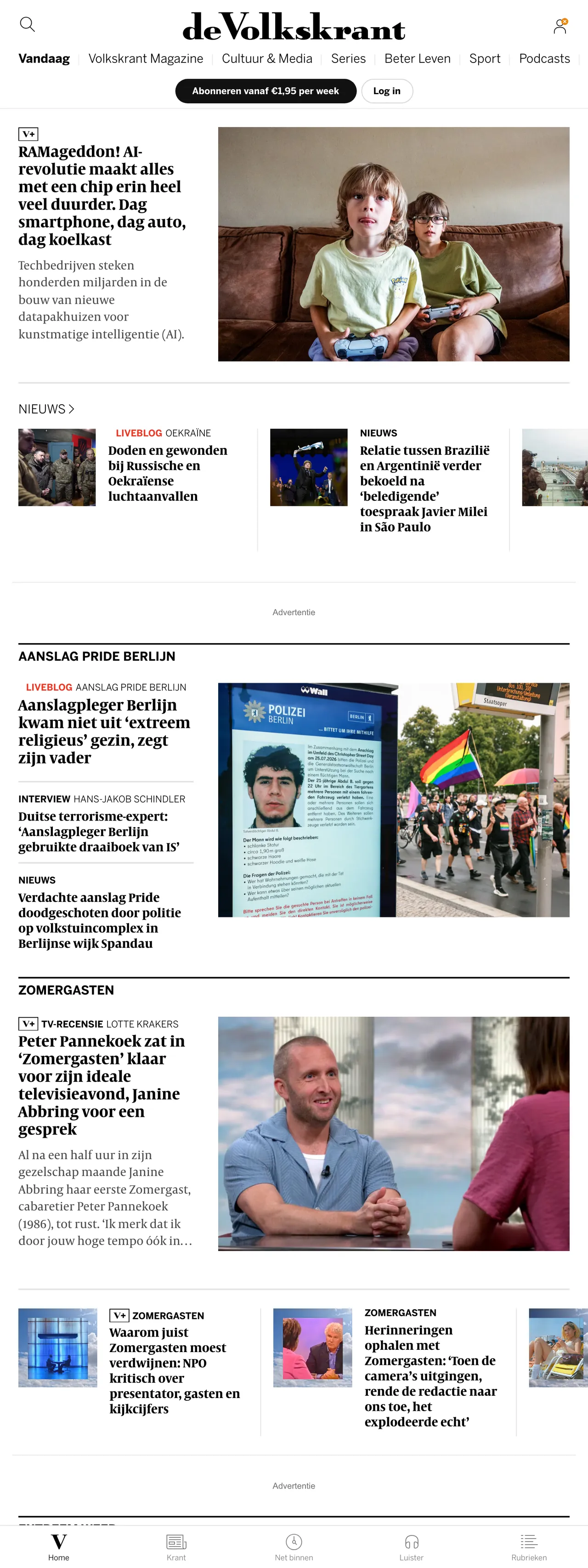 Screenshot of the de Volkskrant front page
