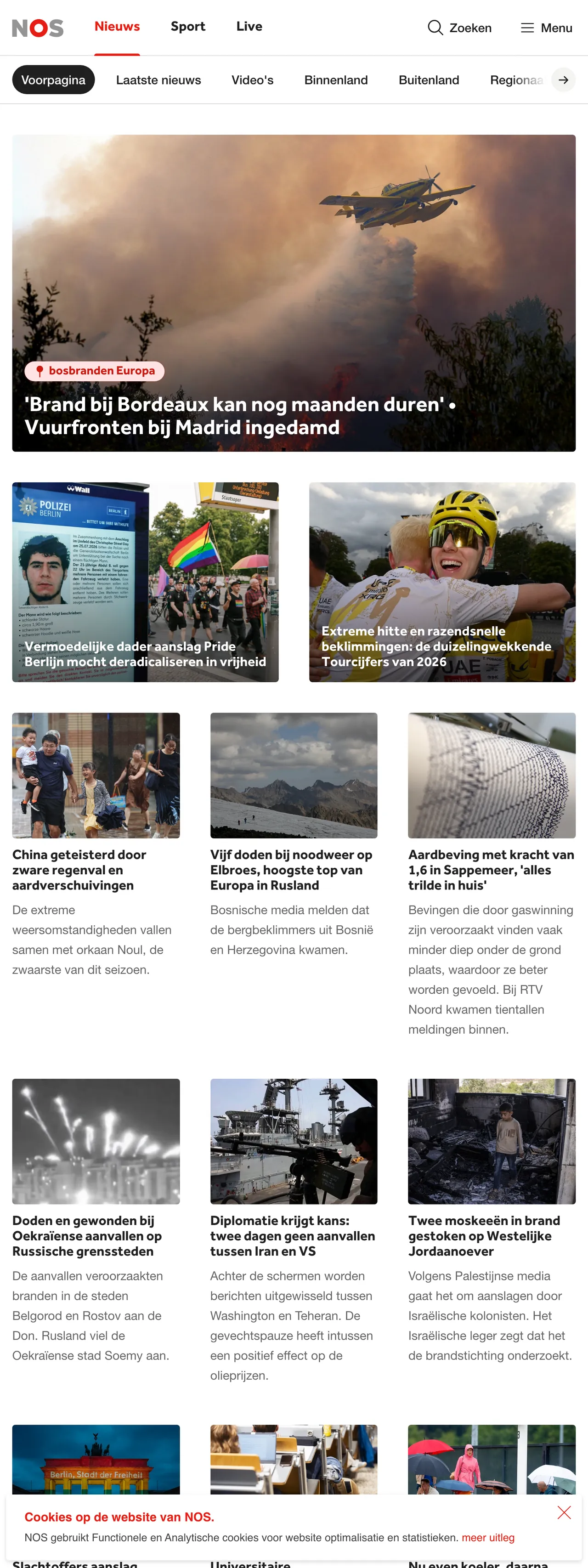 Screenshot of the NOS front page
