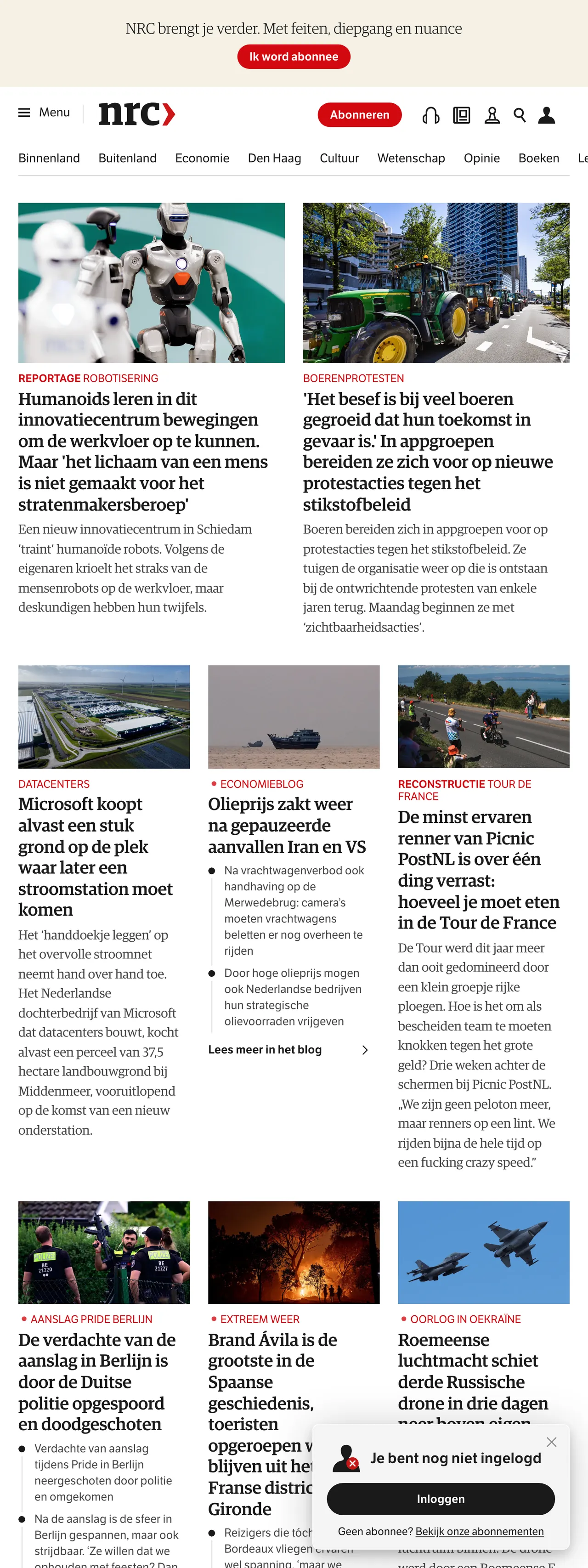 Screenshot of the NRC front page