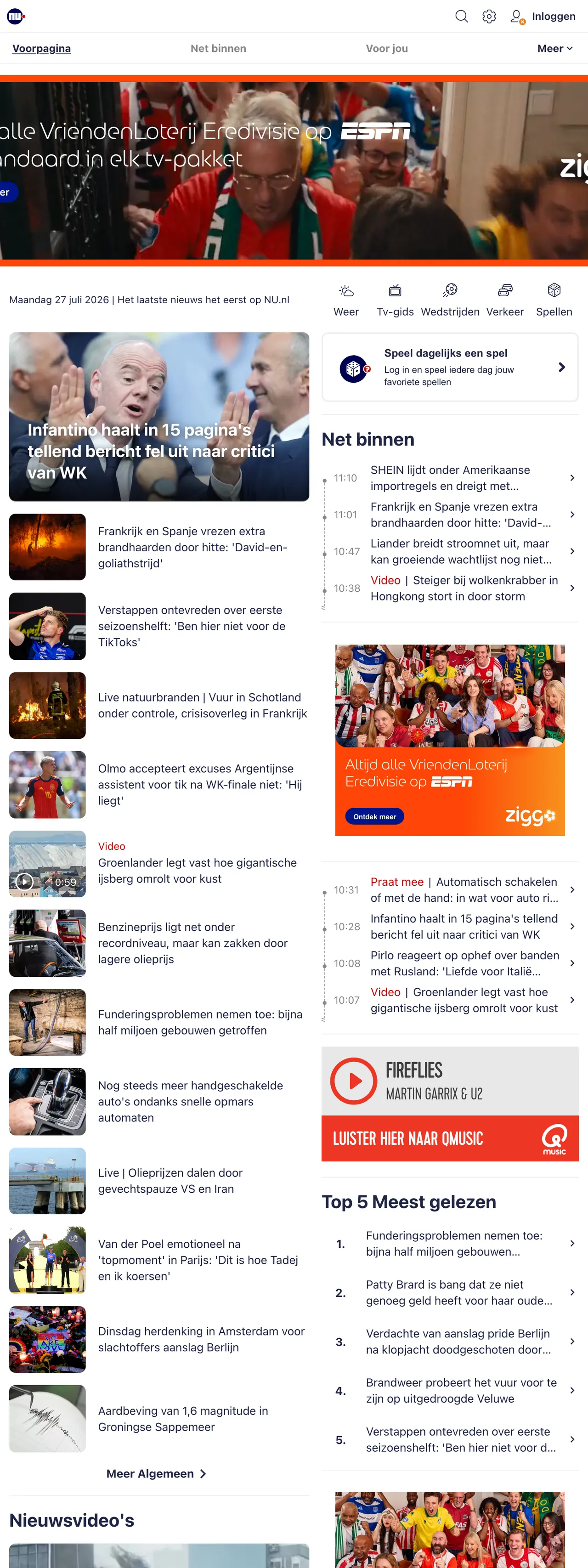 Screenshot of the NU.nl front page