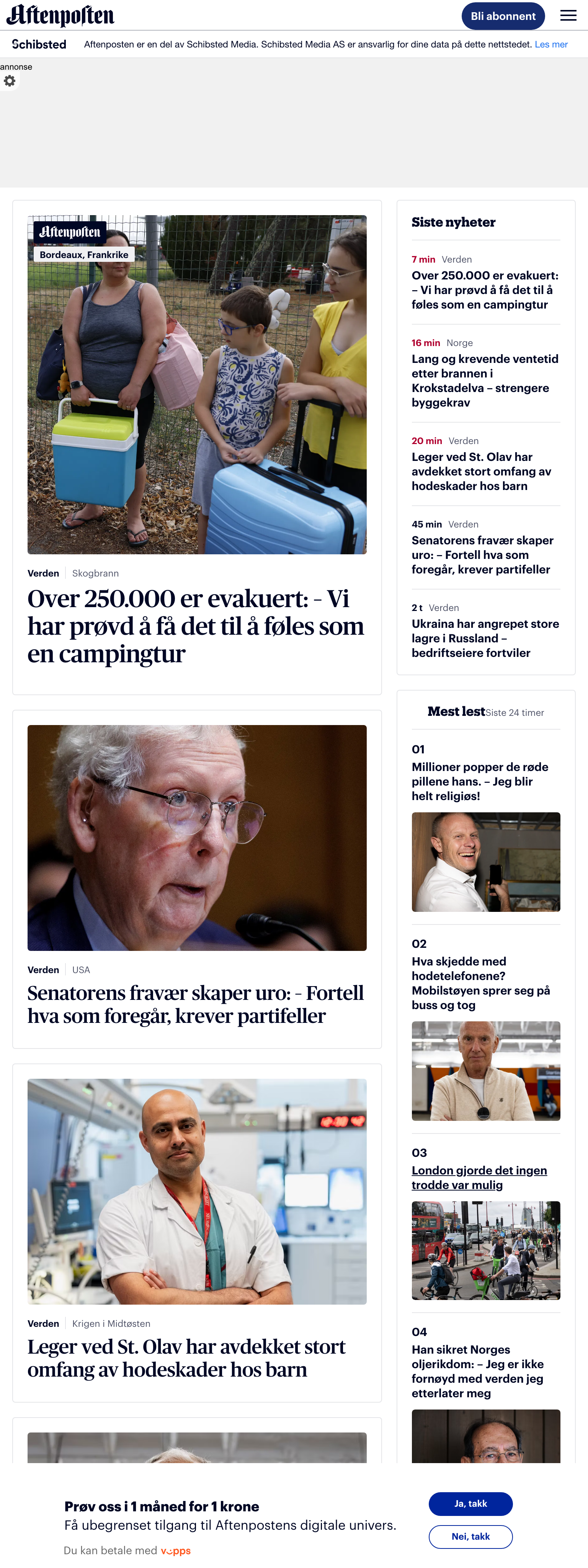 Screenshot of the Aftenposten front page