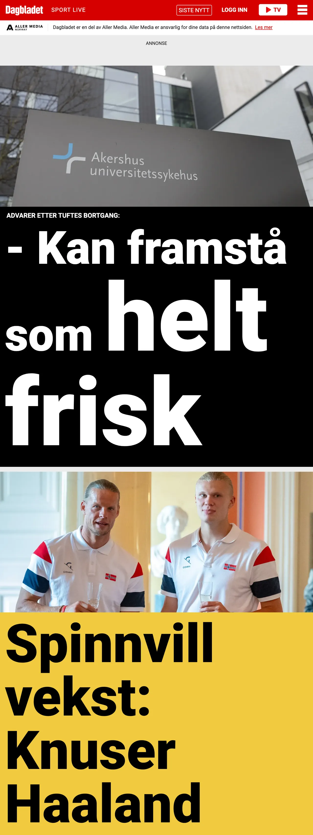 Screenshot of the Dagbladet front page