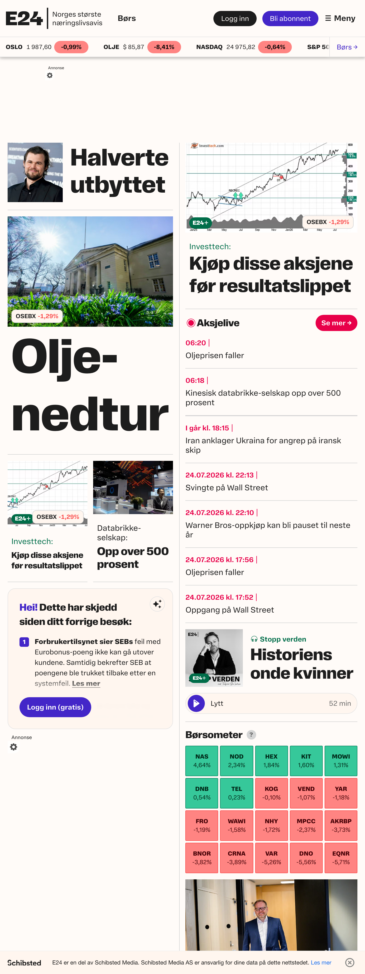 Screenshot of the E24 front page