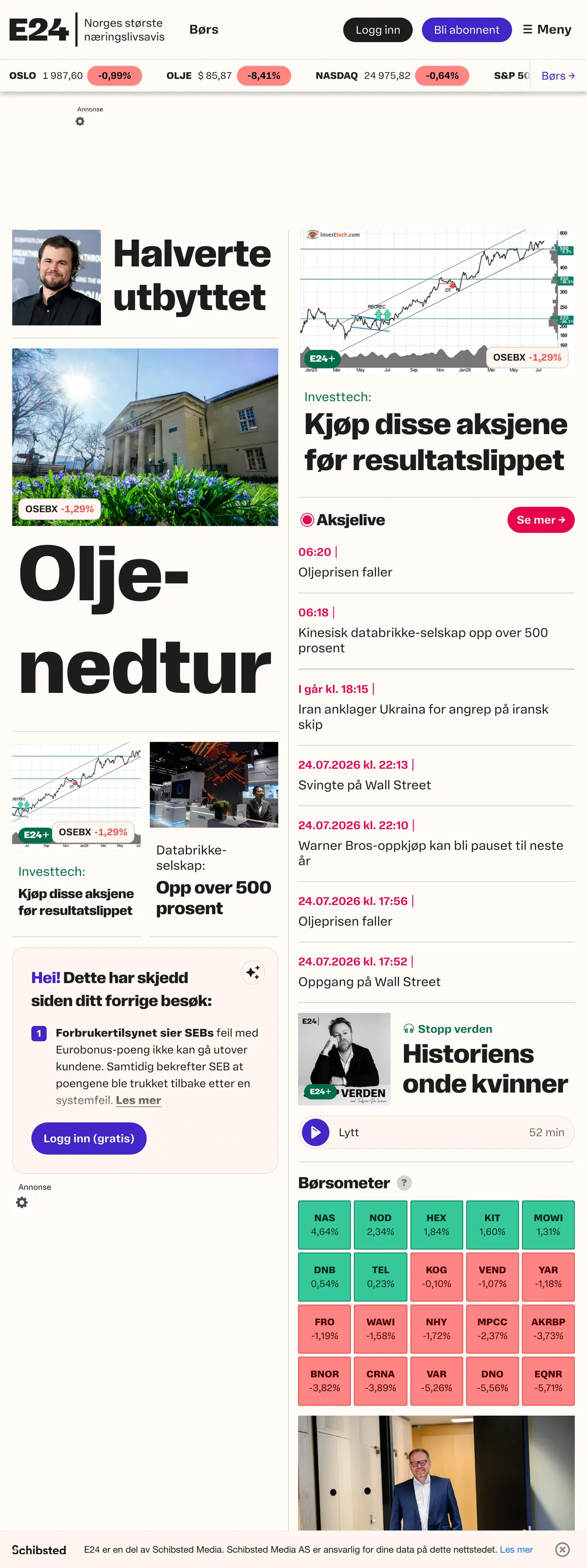 Screenshot of the E24 front page