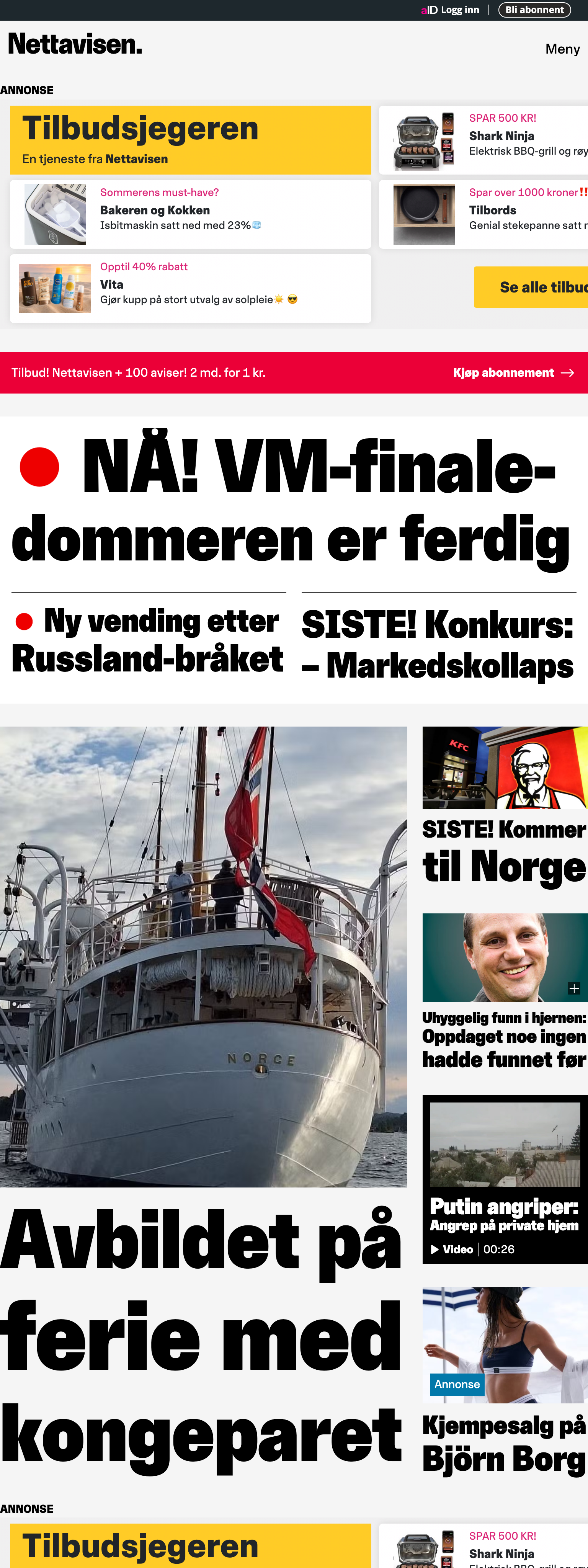 Screenshot of the Nettavisen front page