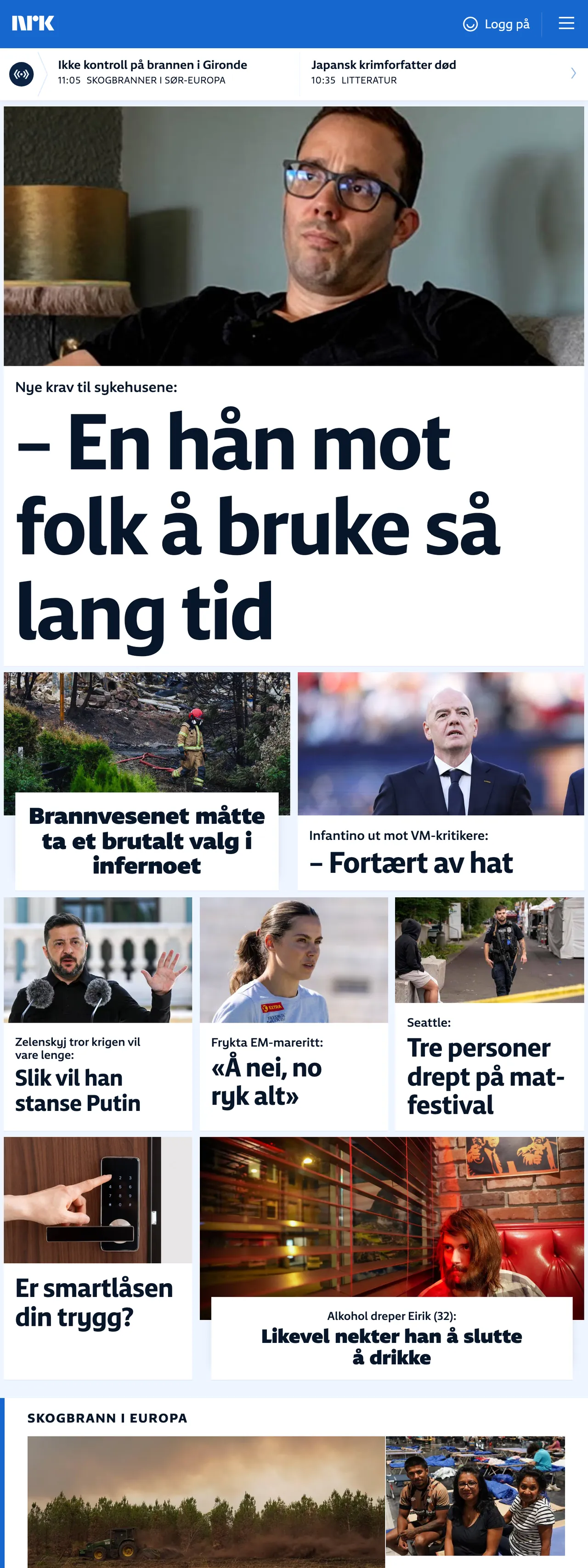 Screenshot of the NRK front page