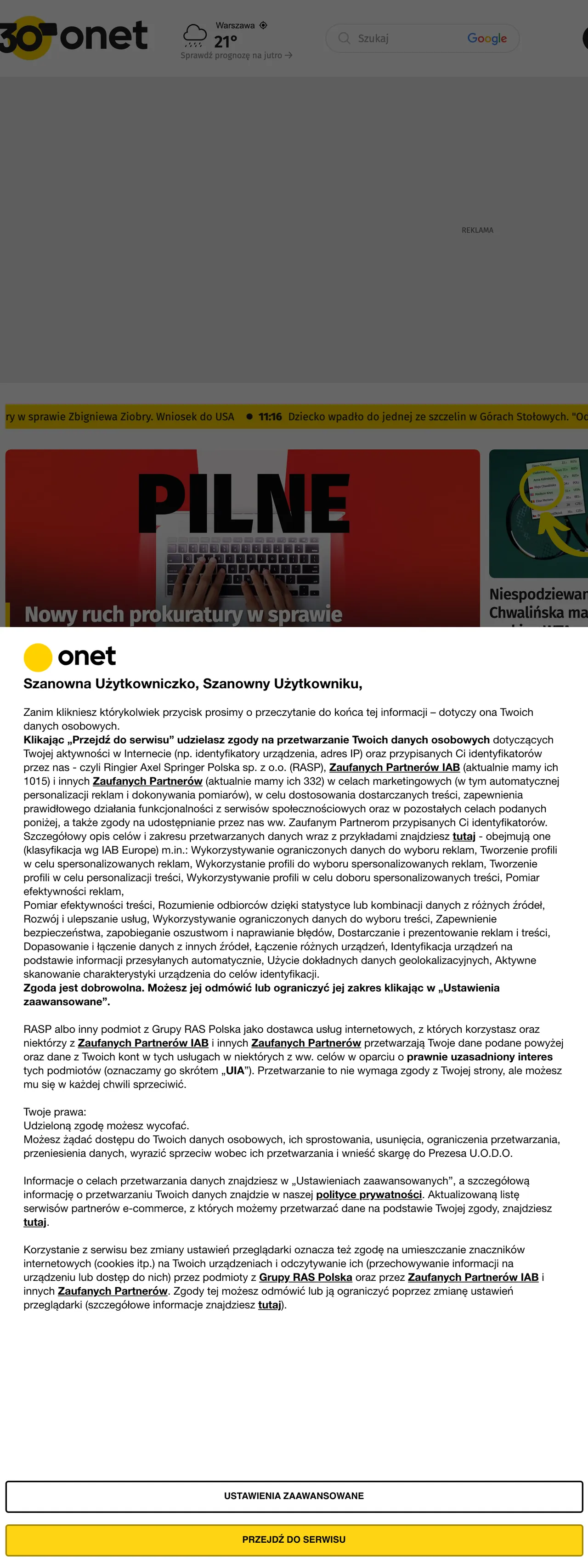 Screenshot of the Onet front page