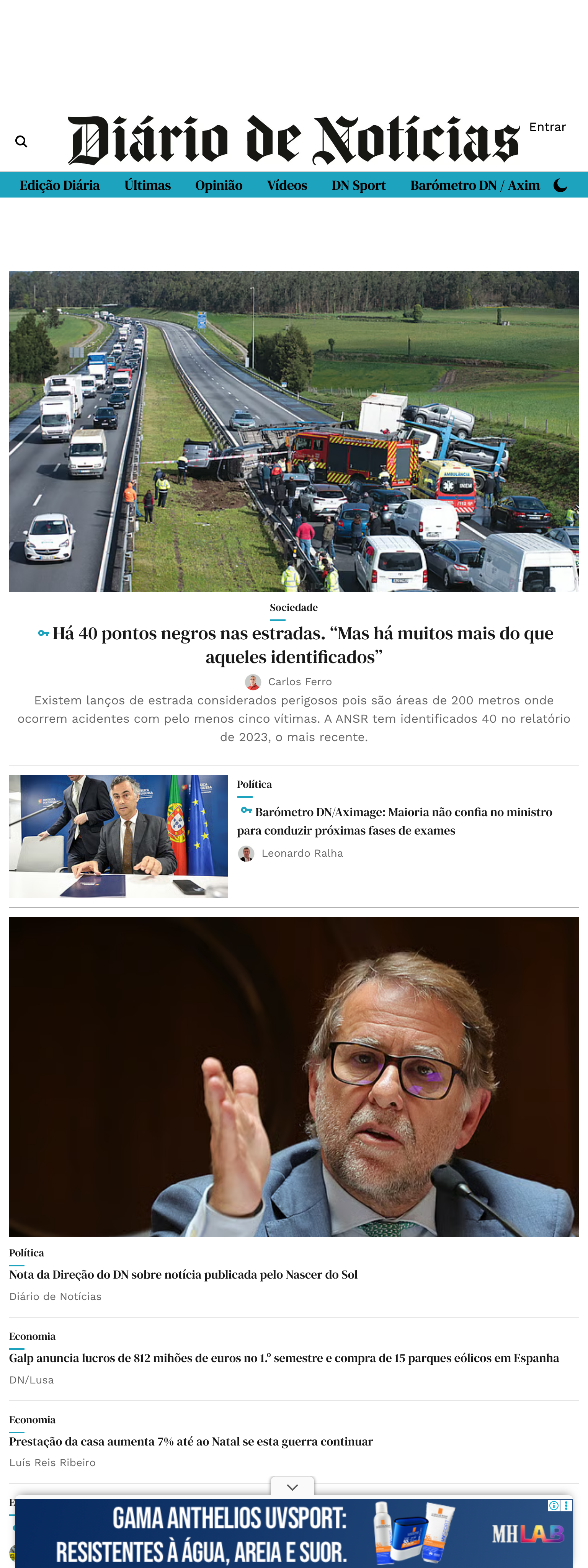 Screenshot of the Diário de Notícias front page