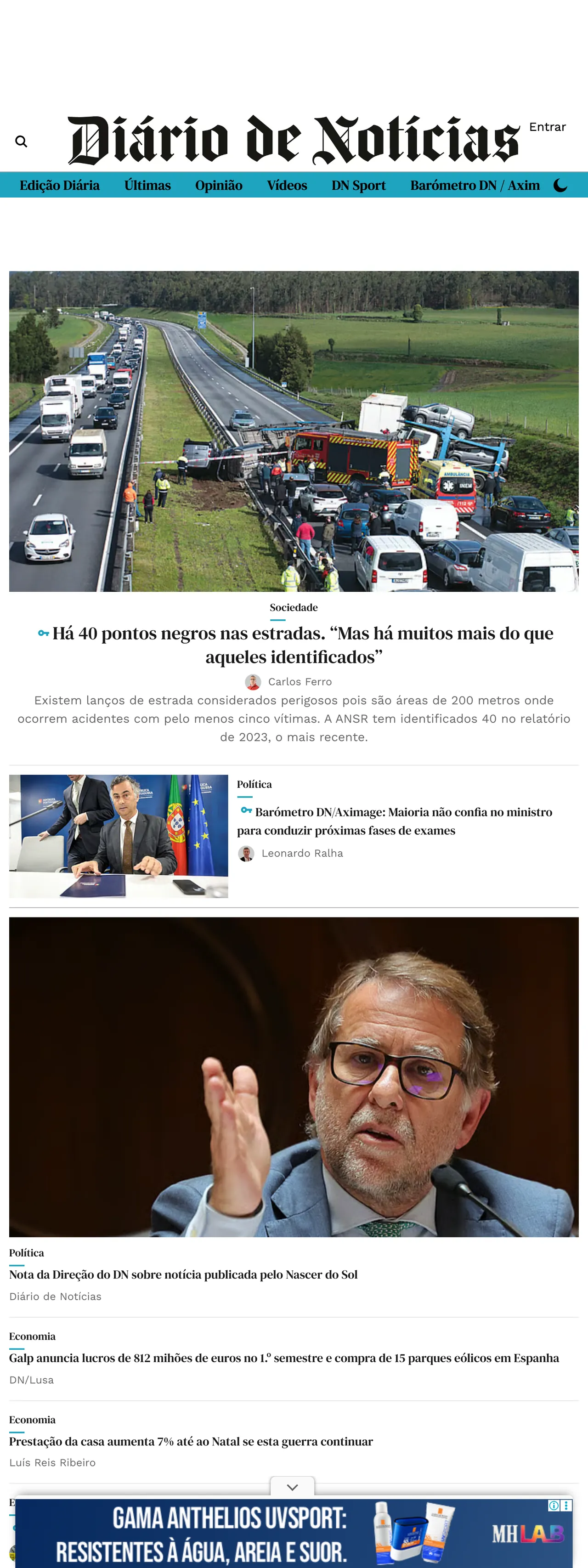 Screenshot of the Diário de Notícias front page