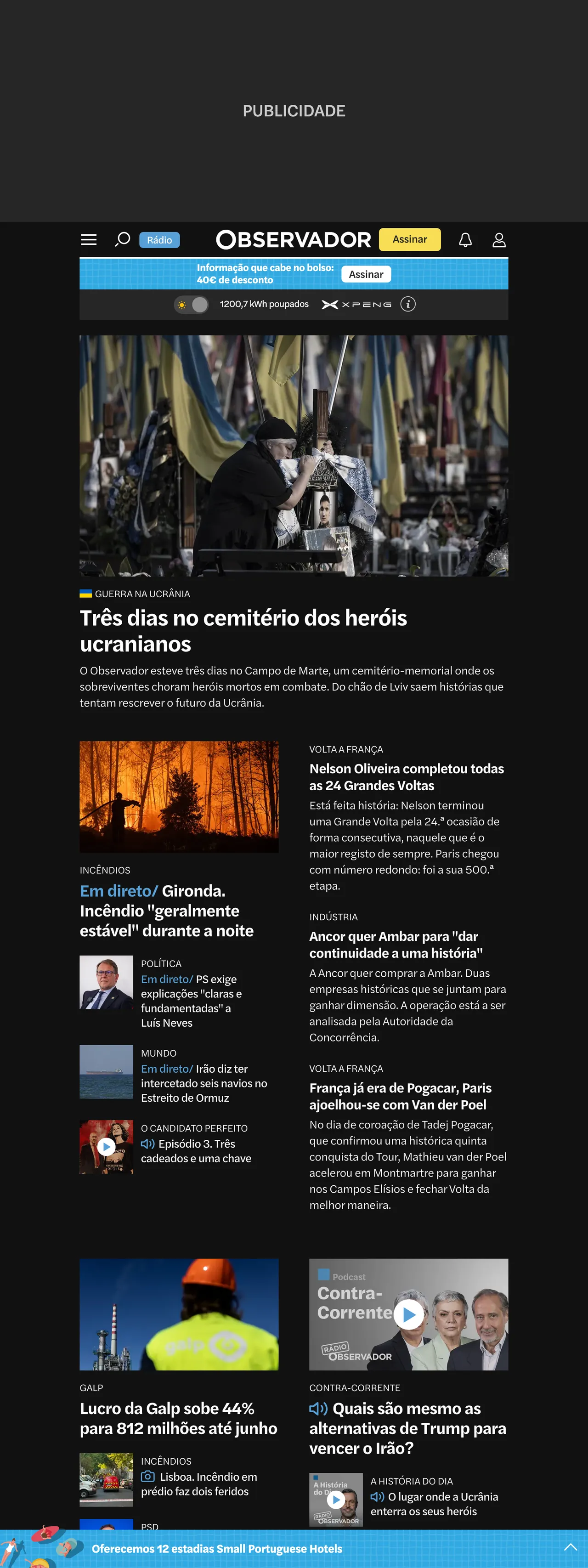 Screenshot of the Observador front page