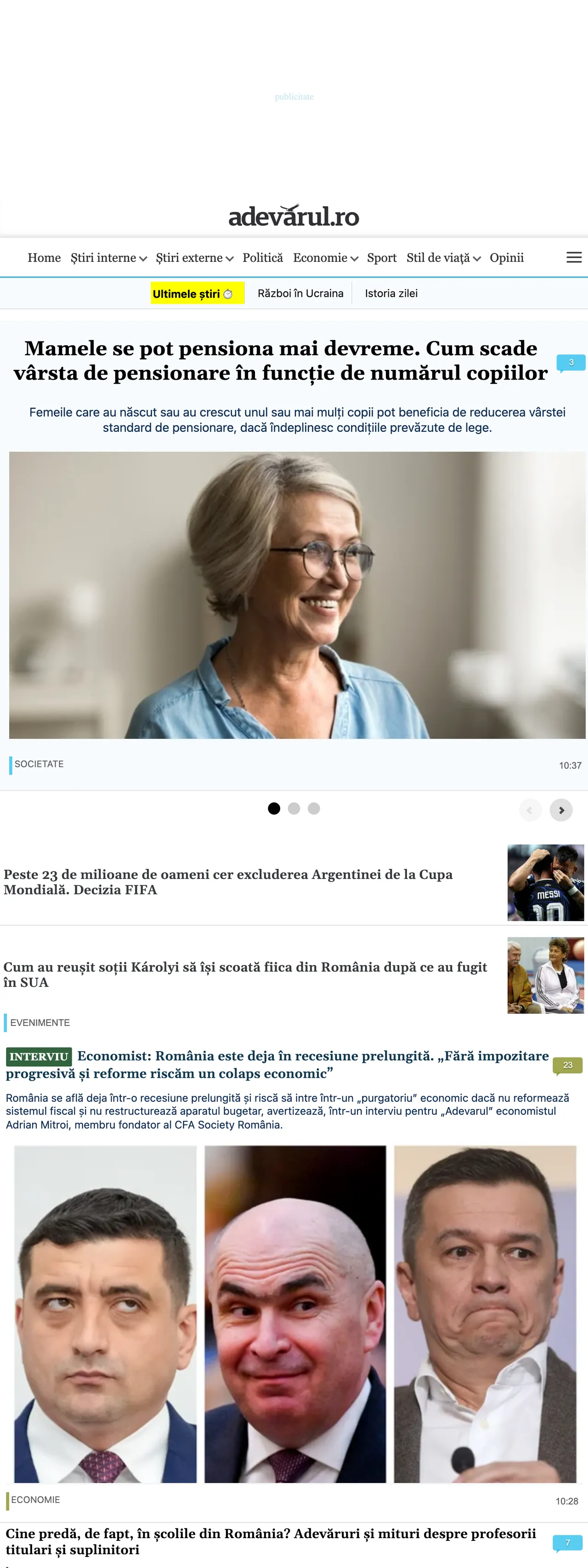 Screenshot of the Adevărul front page