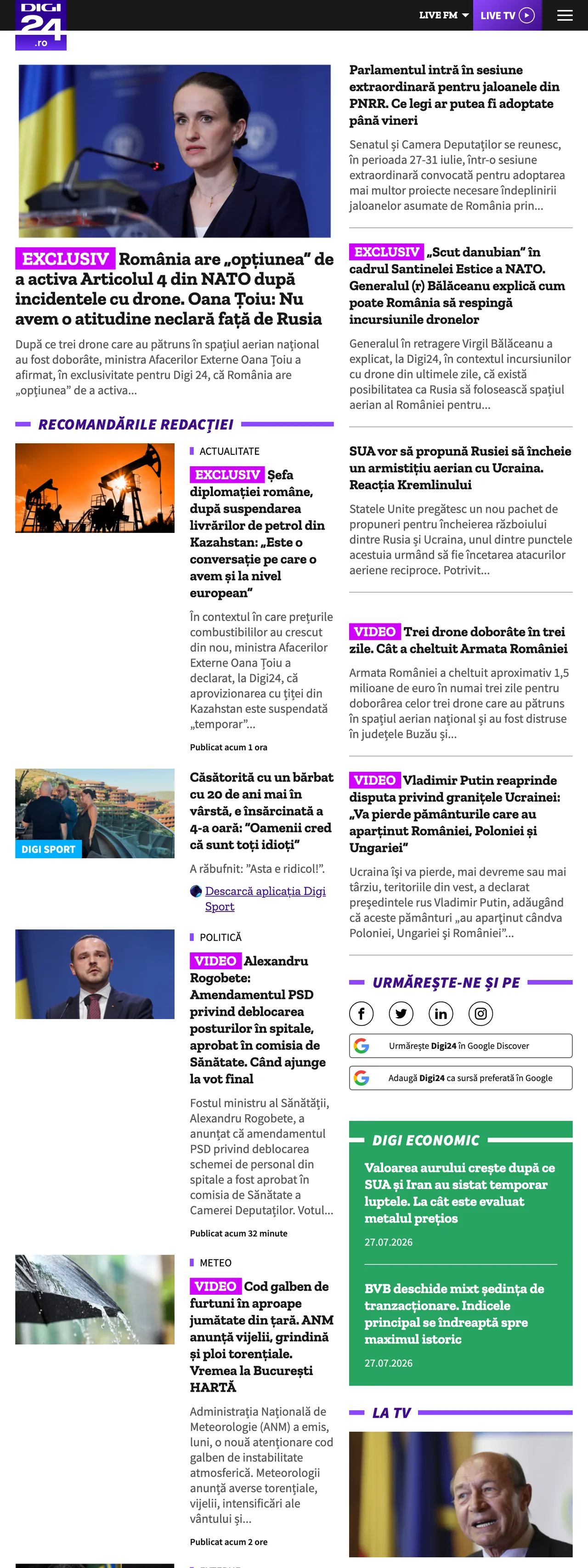 Screenshot of the Digi24 front page