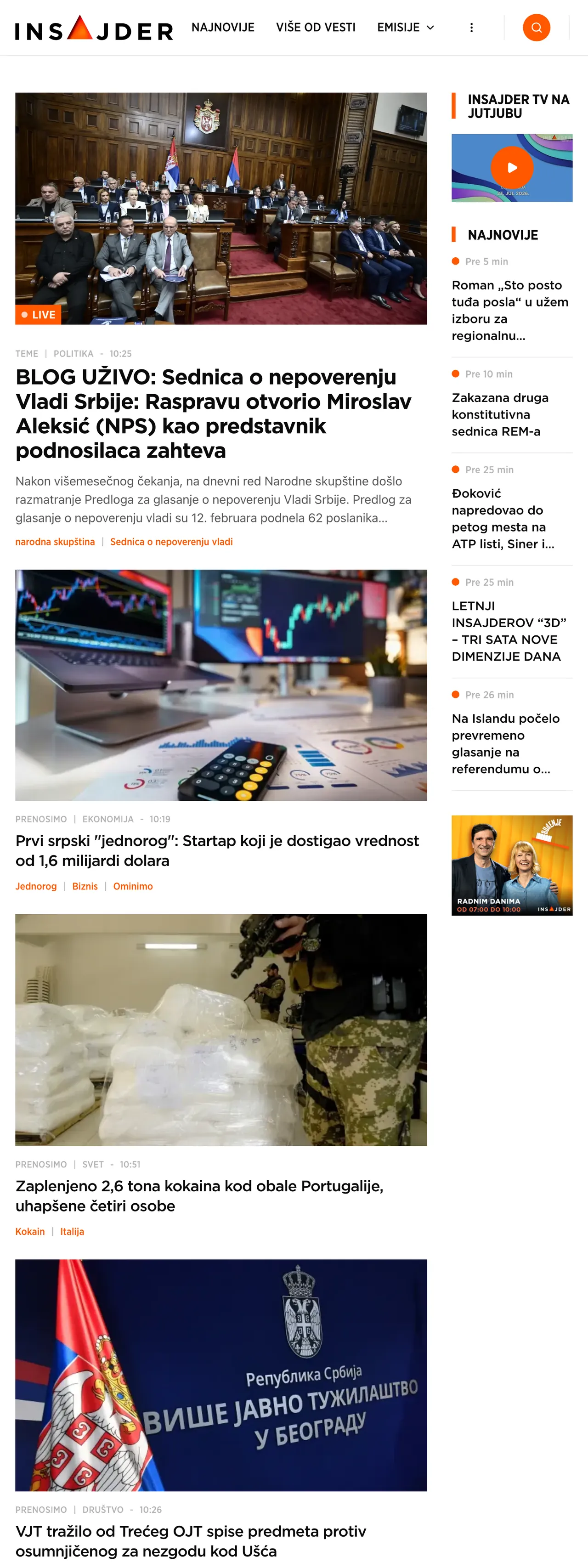 Screenshot of the Insajder front page