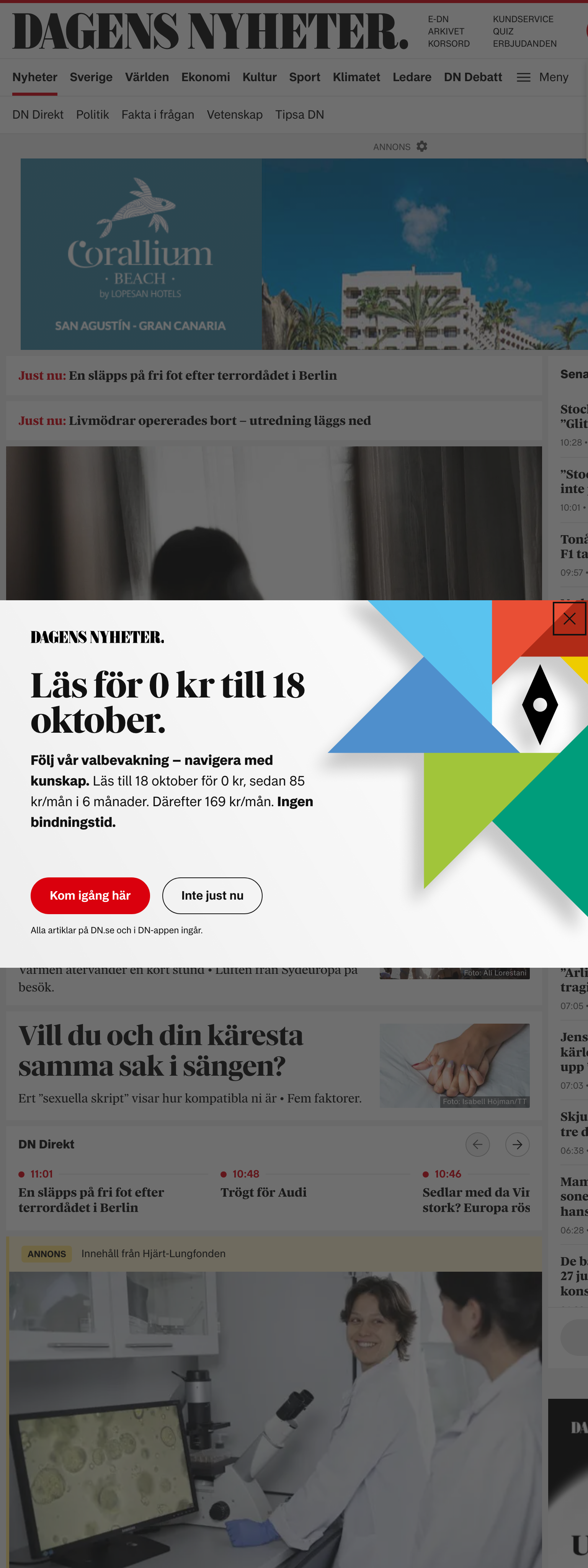 Screenshot of the Dagens Nyheter front page