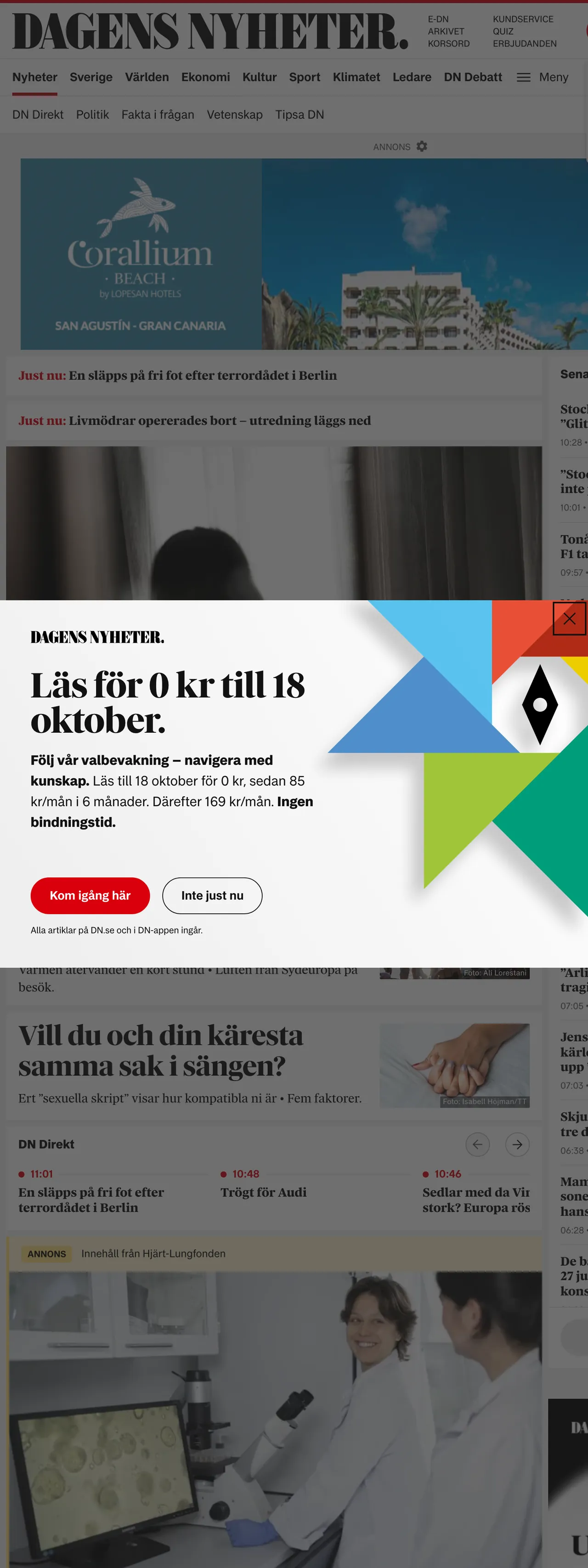 Screenshot of the Dagens Nyheter front page