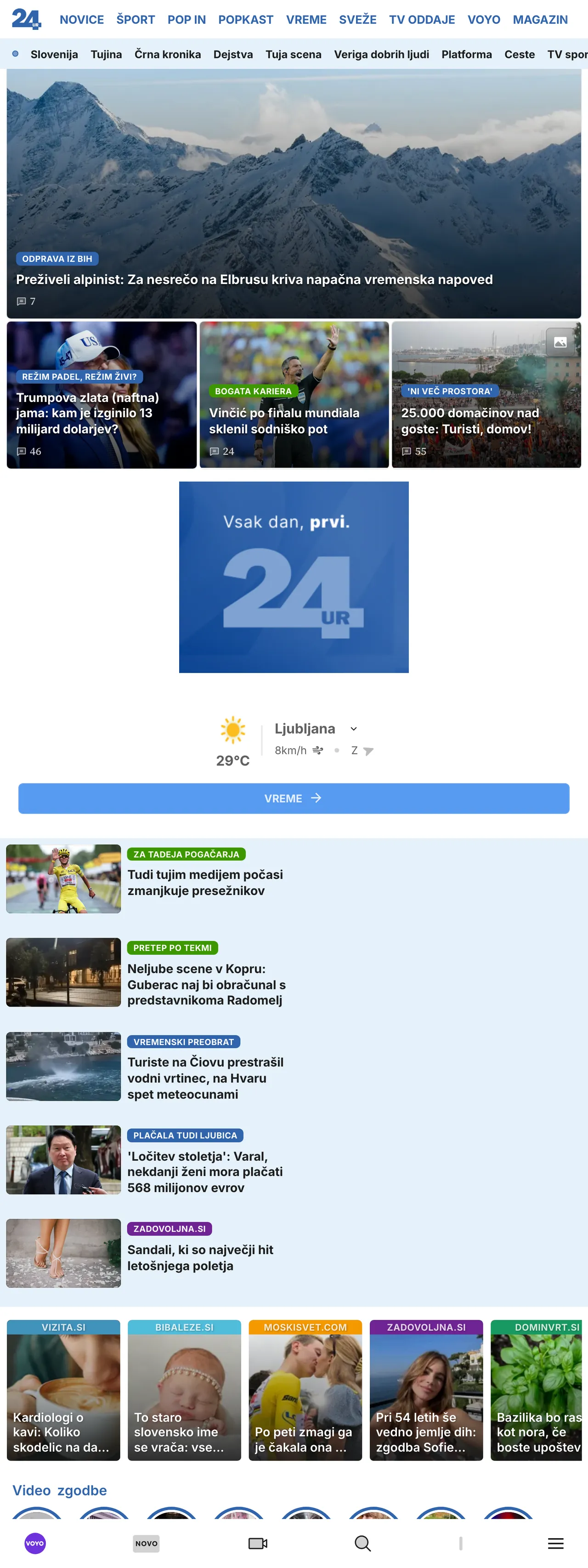 Screenshot of the 24ur front page