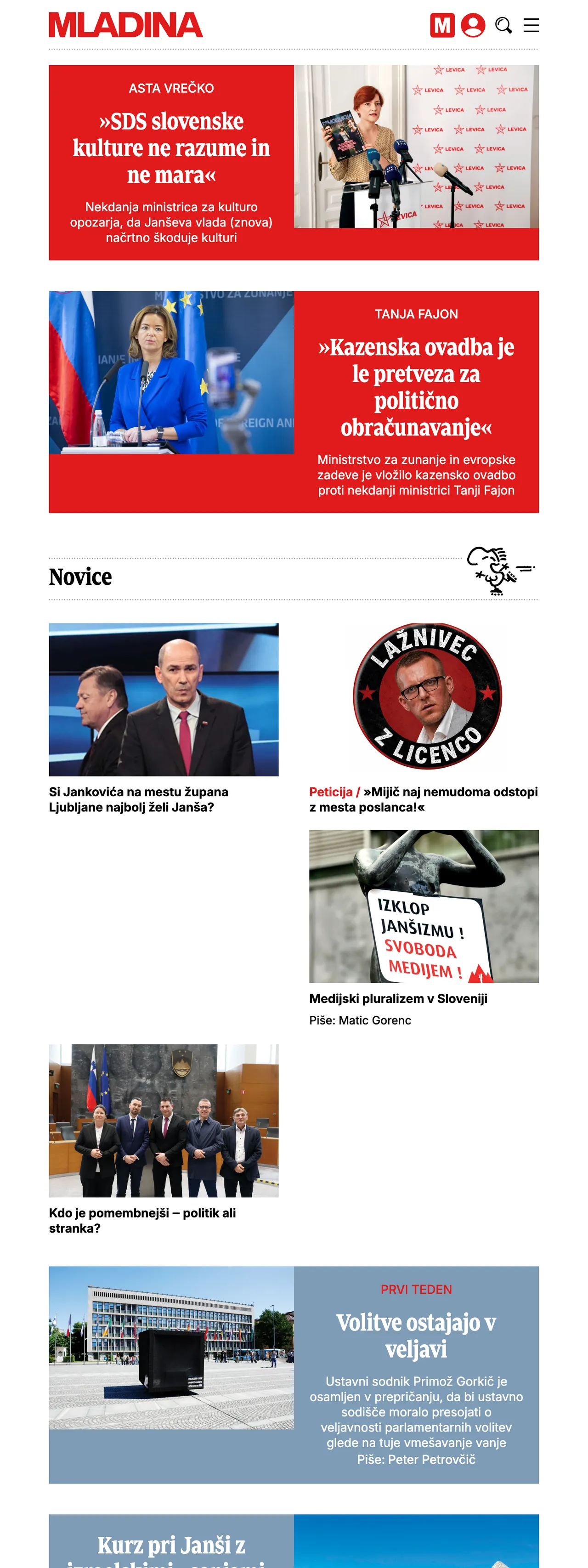 Screenshot of the Mladina front page