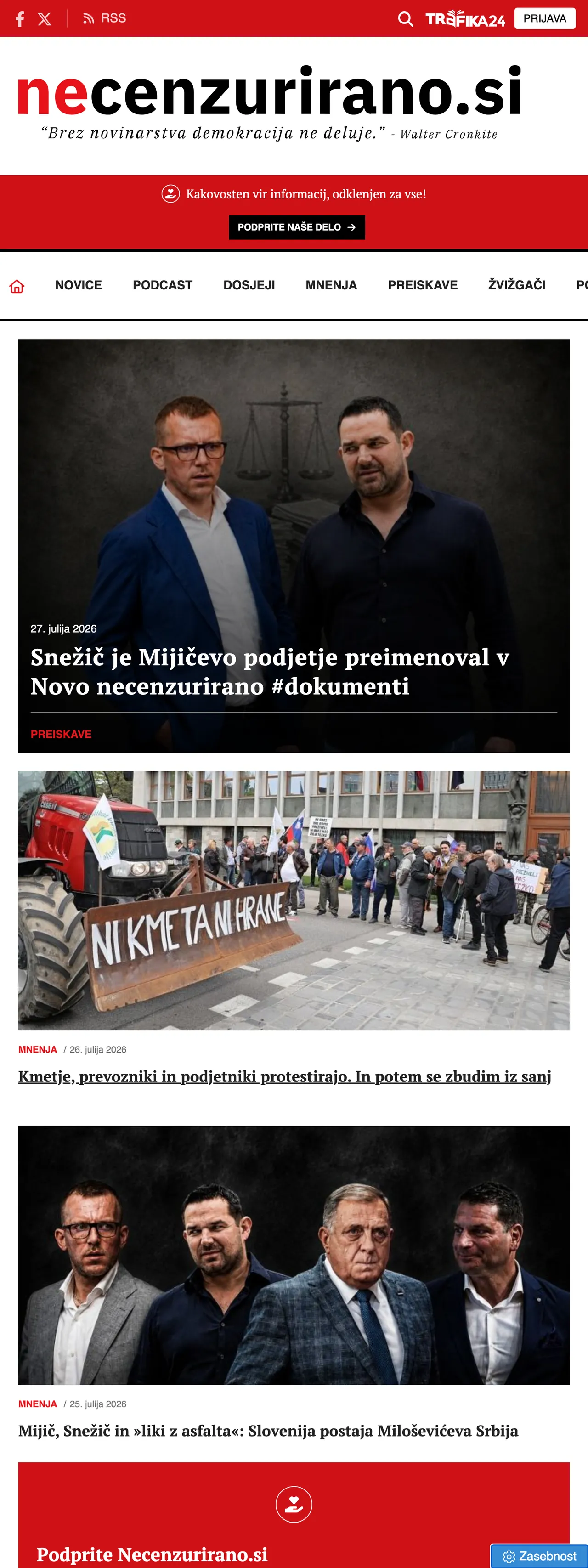Screenshot of the Necenzurirano front page