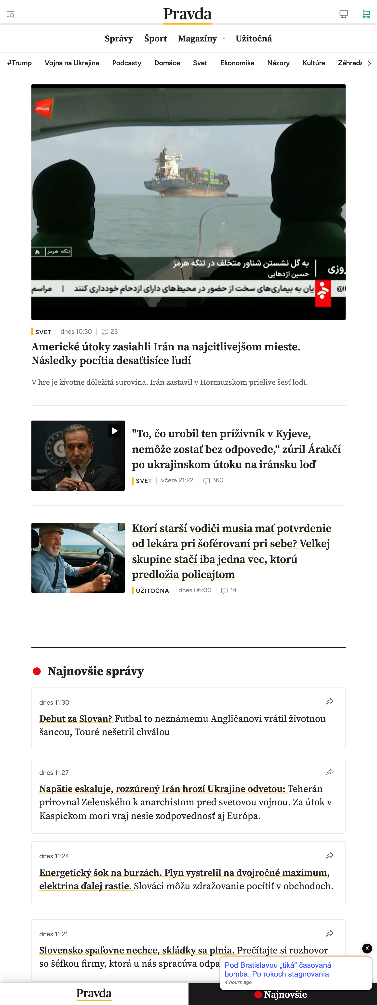 Screenshot of the Pravda front page