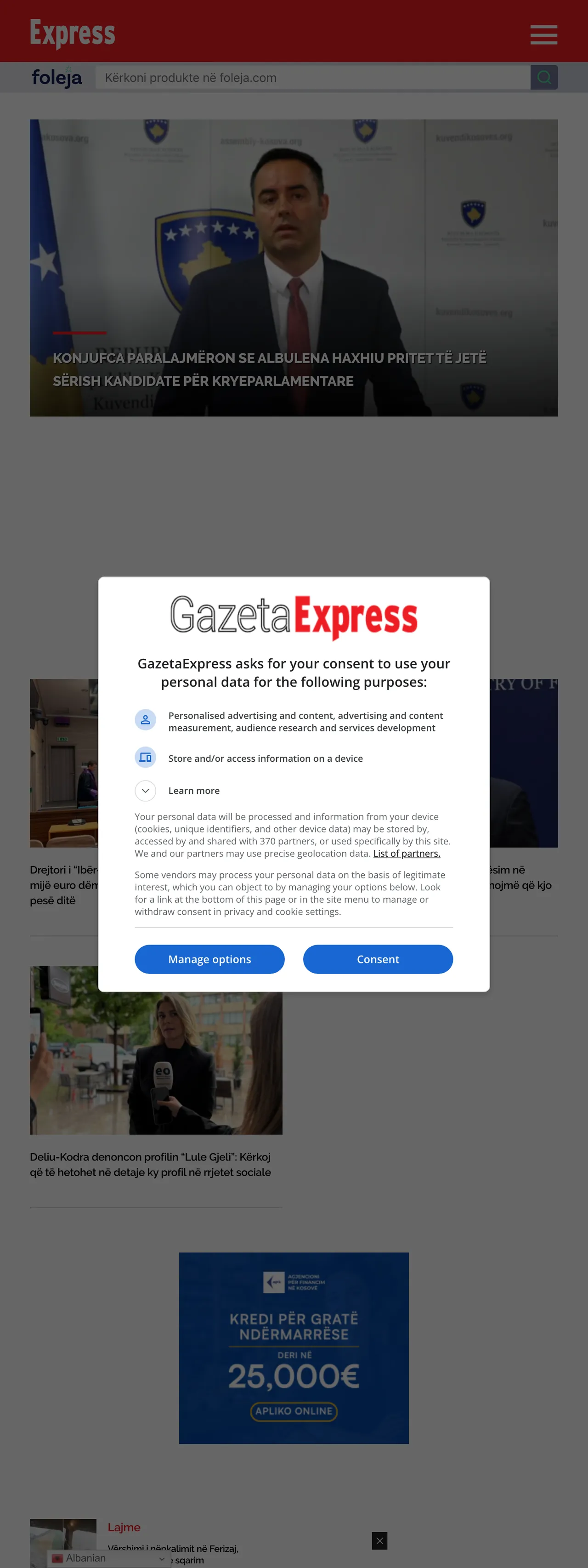 Screenshot of the Gazeta Express front page