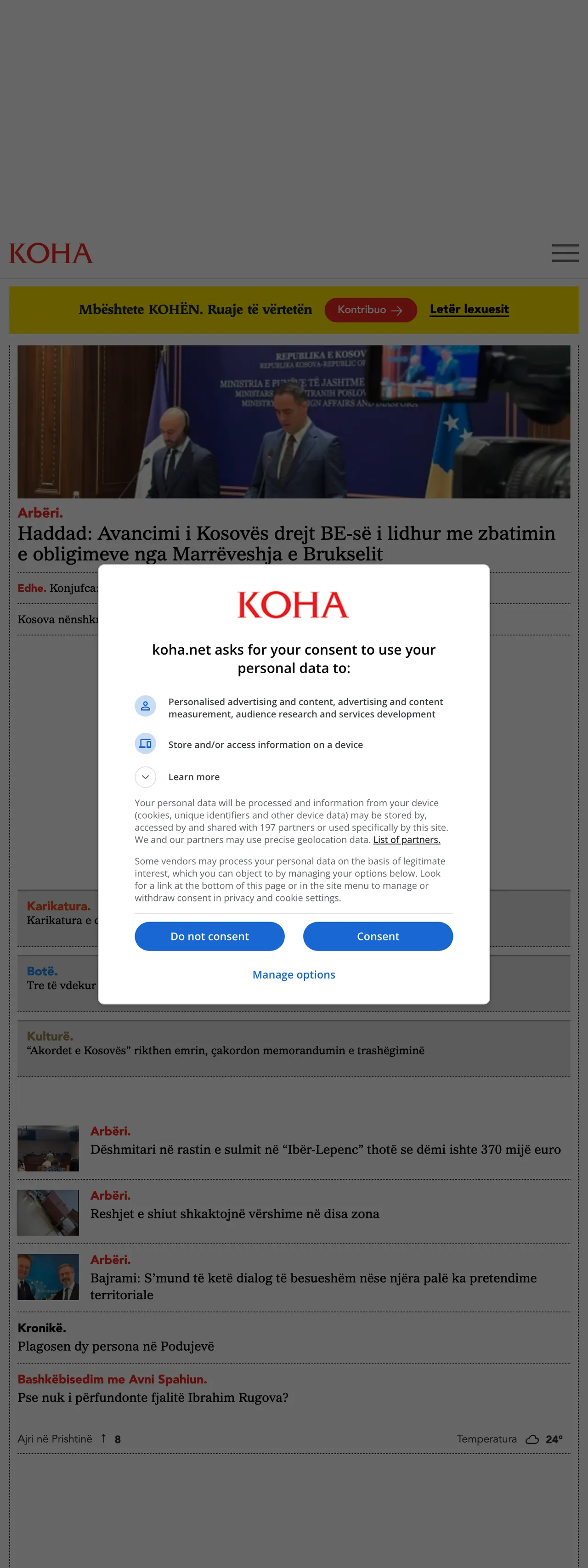 Screenshot of the Koha Ditore front page