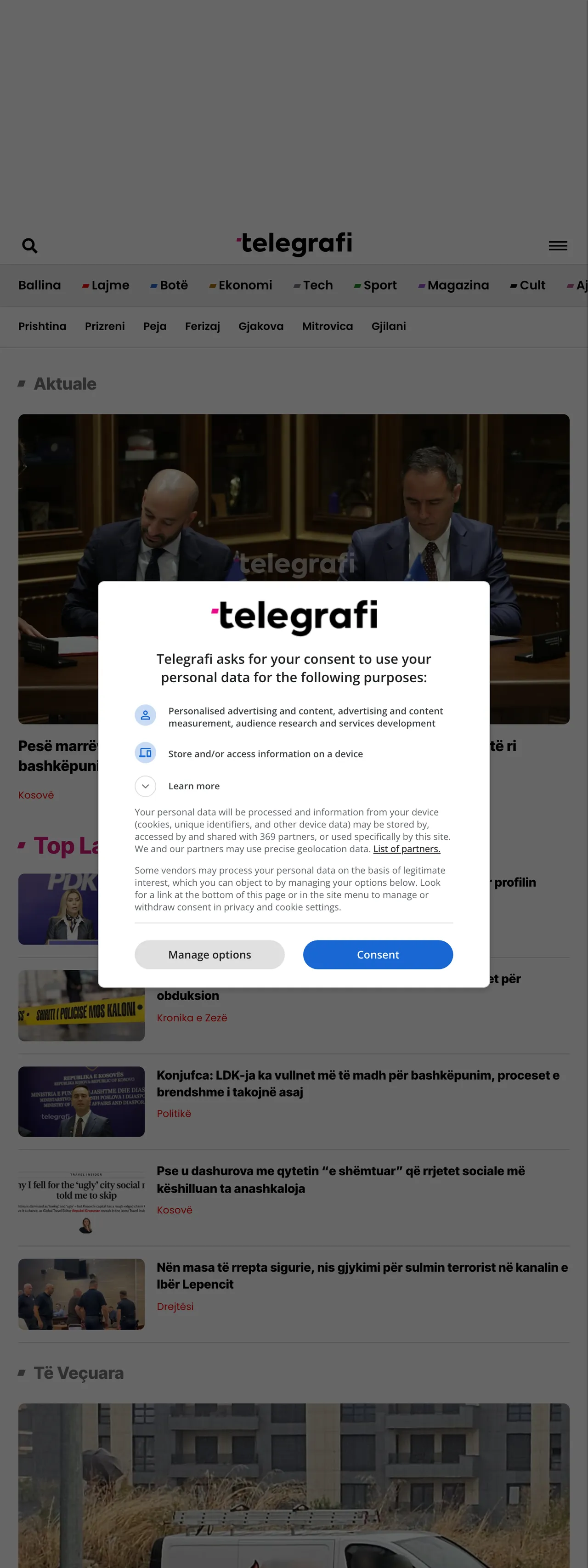 Screenshot of the Telegrafi front page