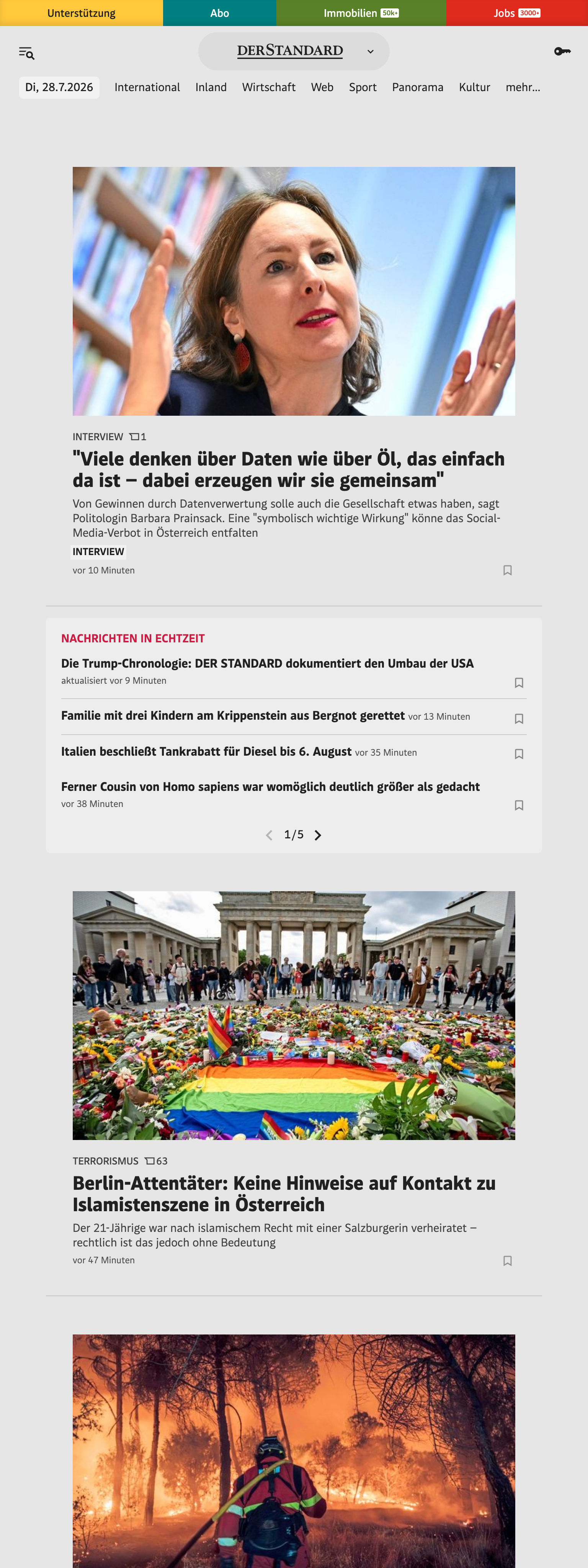 Screenshot of the DER STANDARD front page