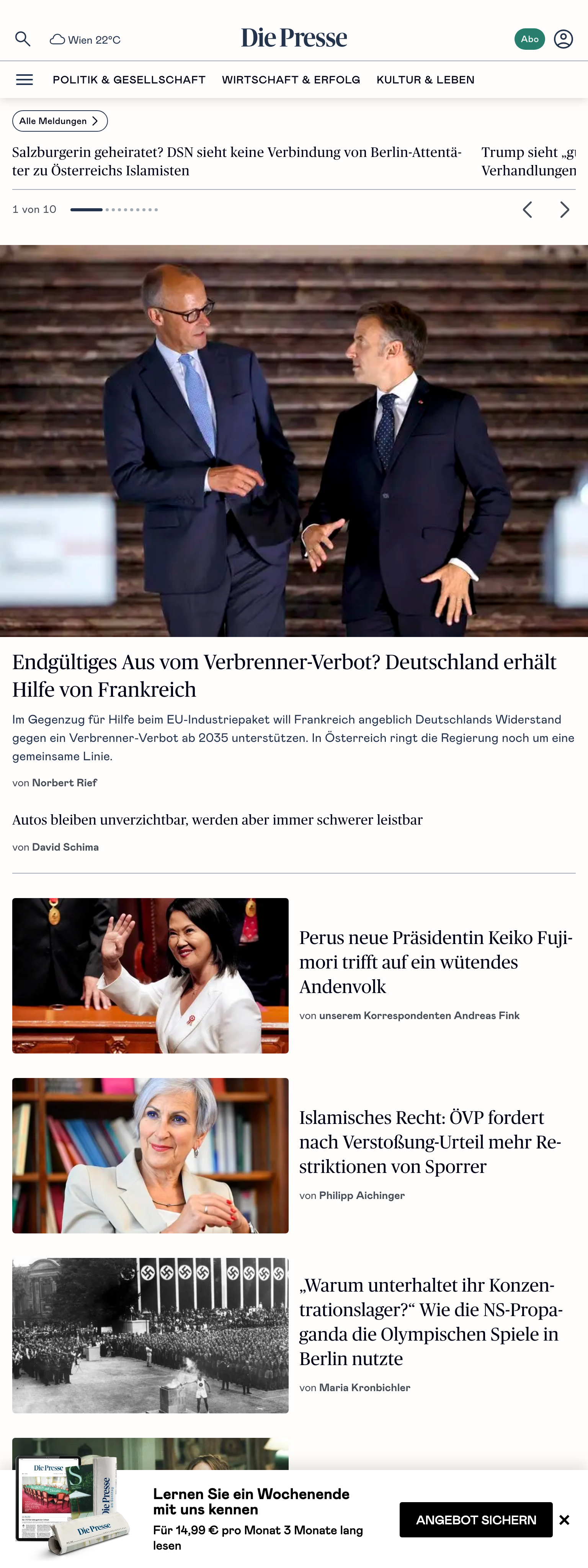 Screenshot of the Die Presse front page