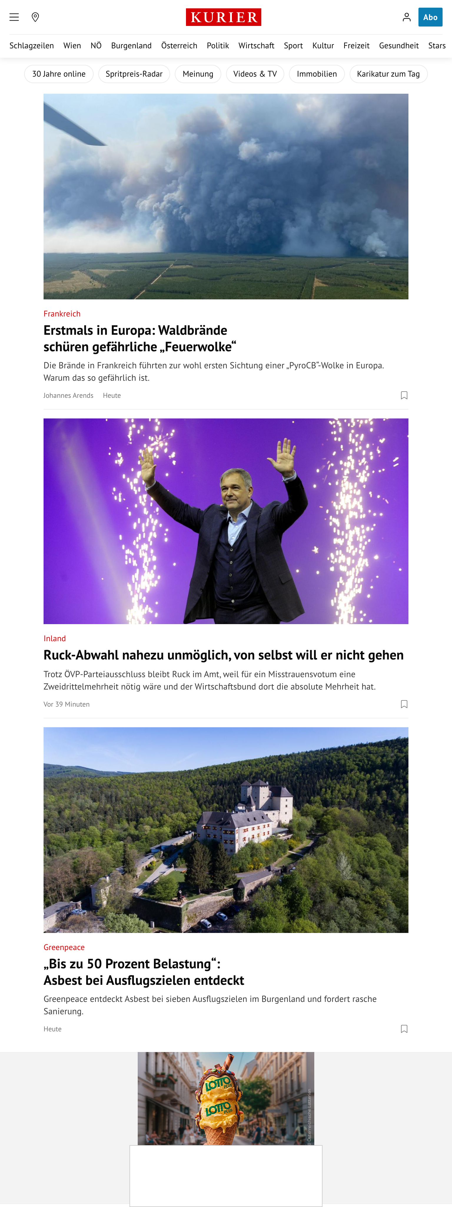 Screenshot of the Kurier front page