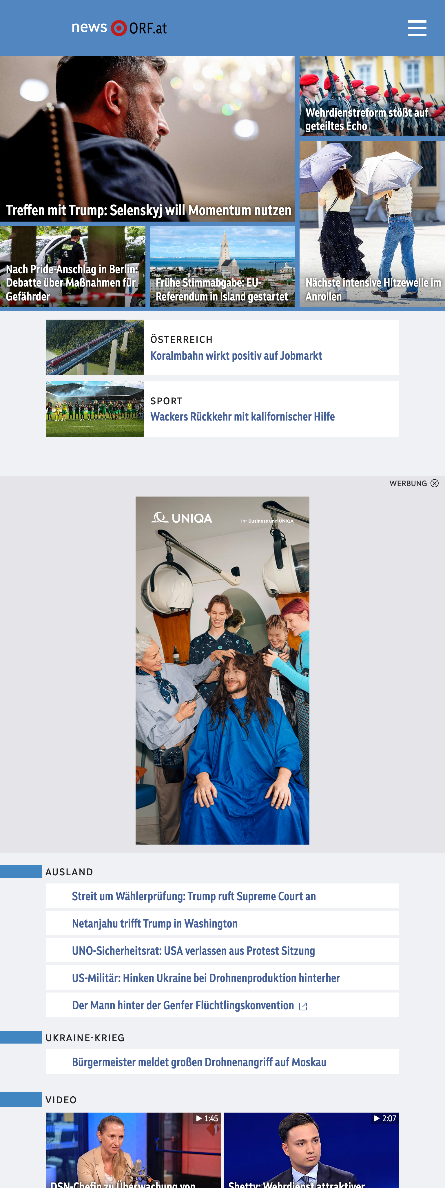 Screenshot of the ORF front page