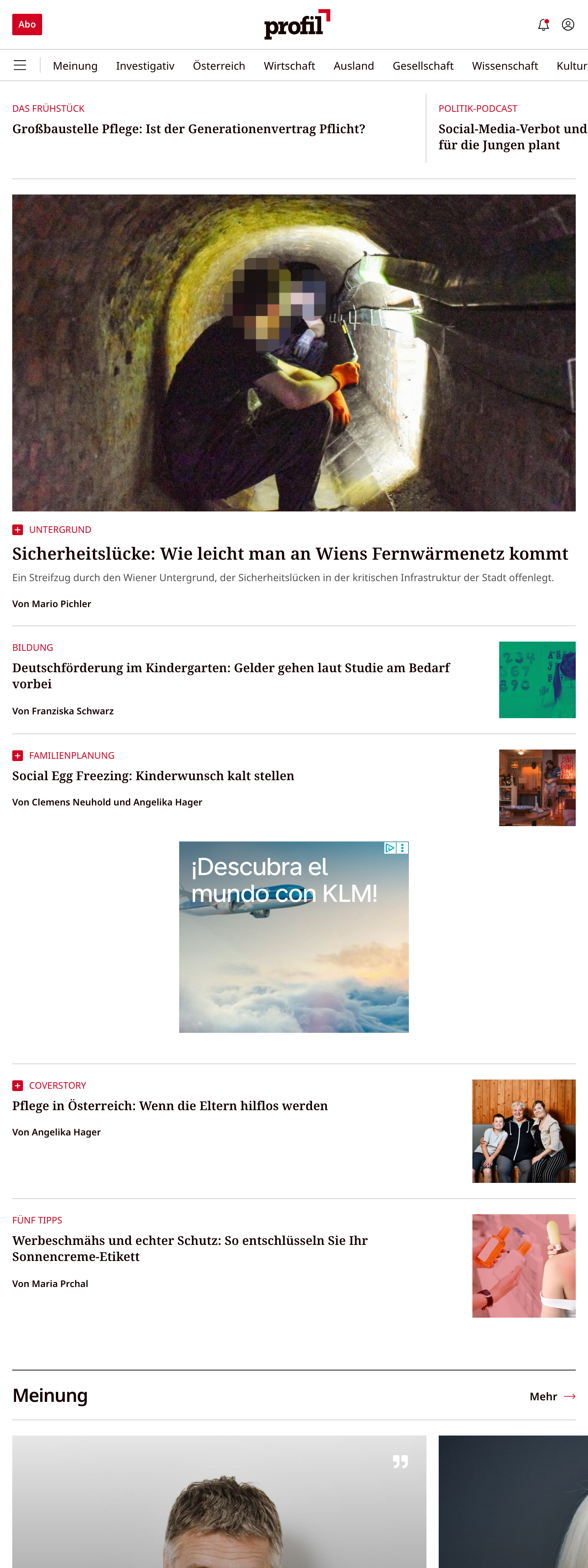 Screenshot of the profil front page