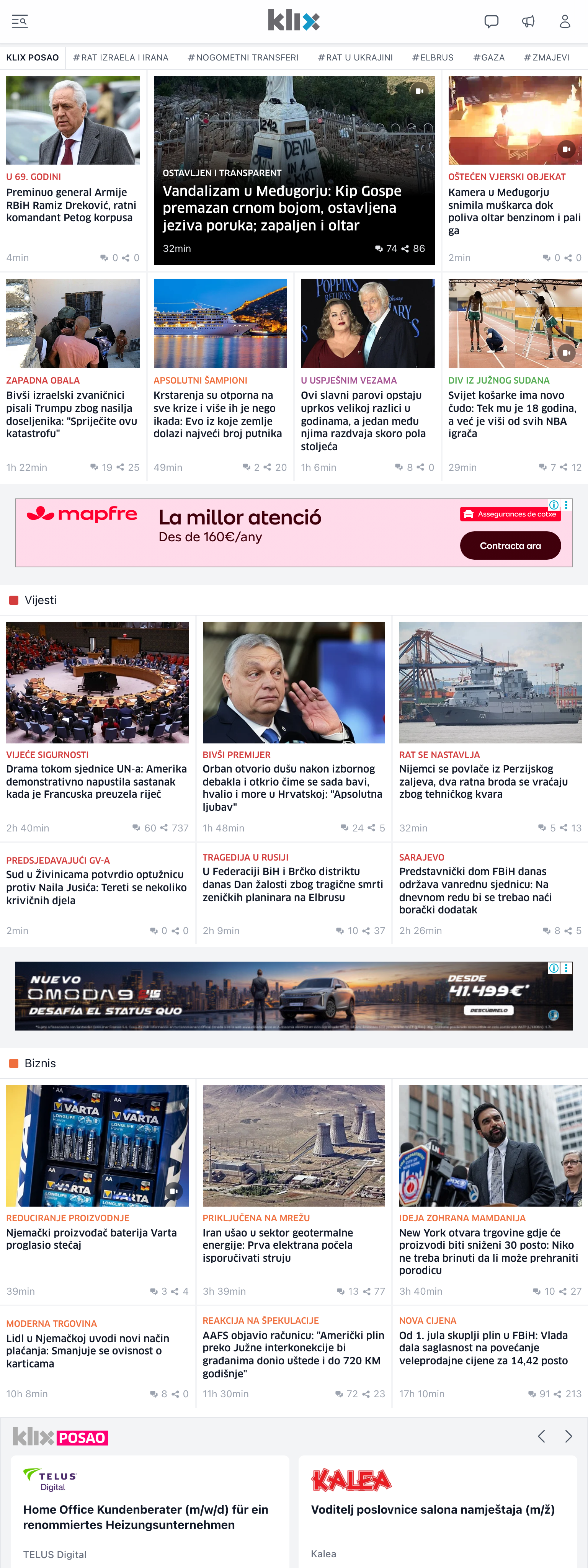 Screenshot of the Klix.ba front page