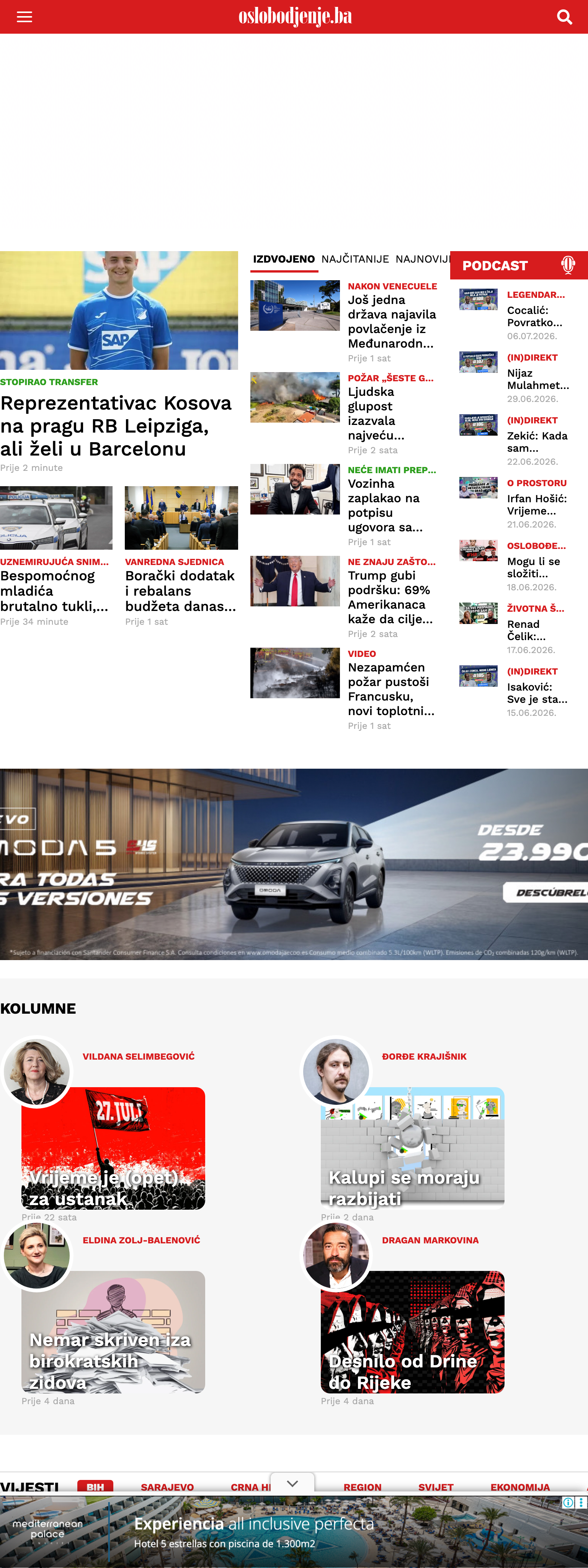 Screenshot of the Oslobođenje front page