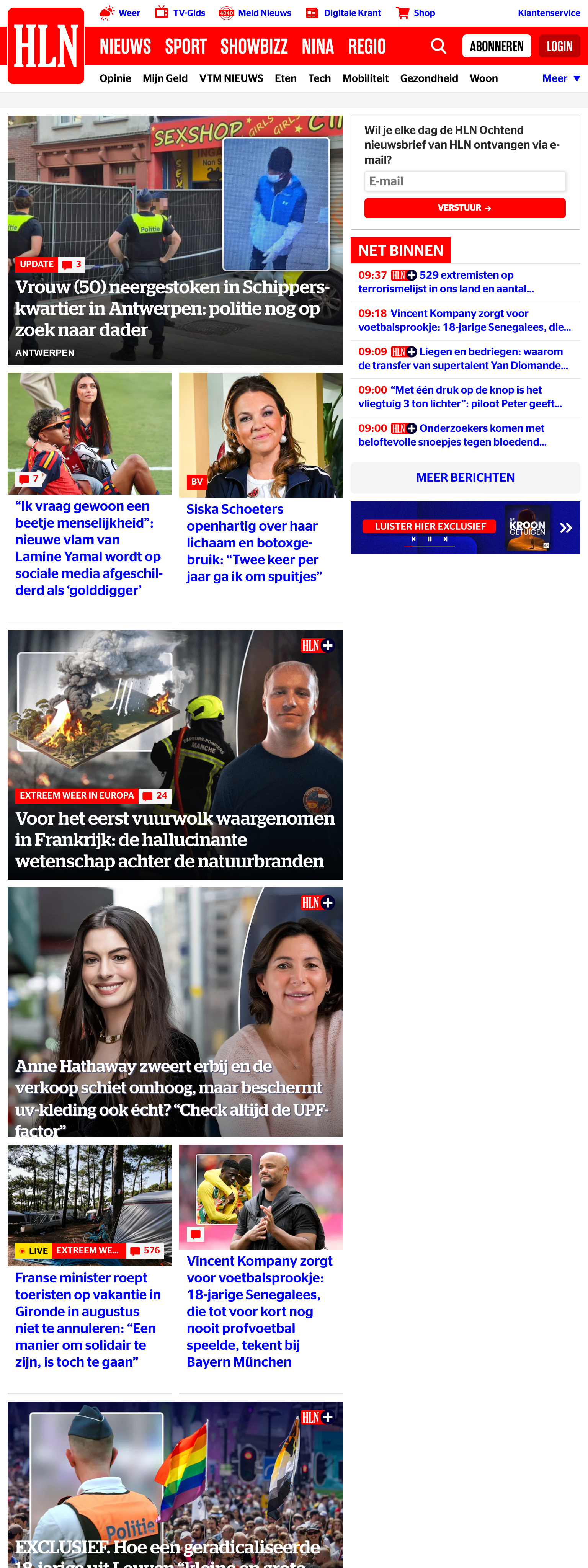 Screenshot of the HLN front page