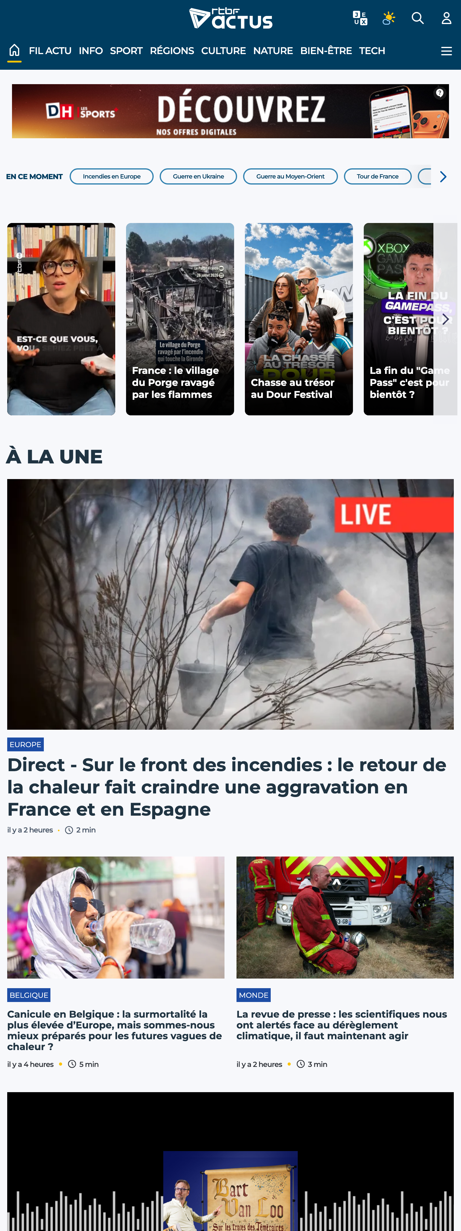 Screenshot of the RTBF front page