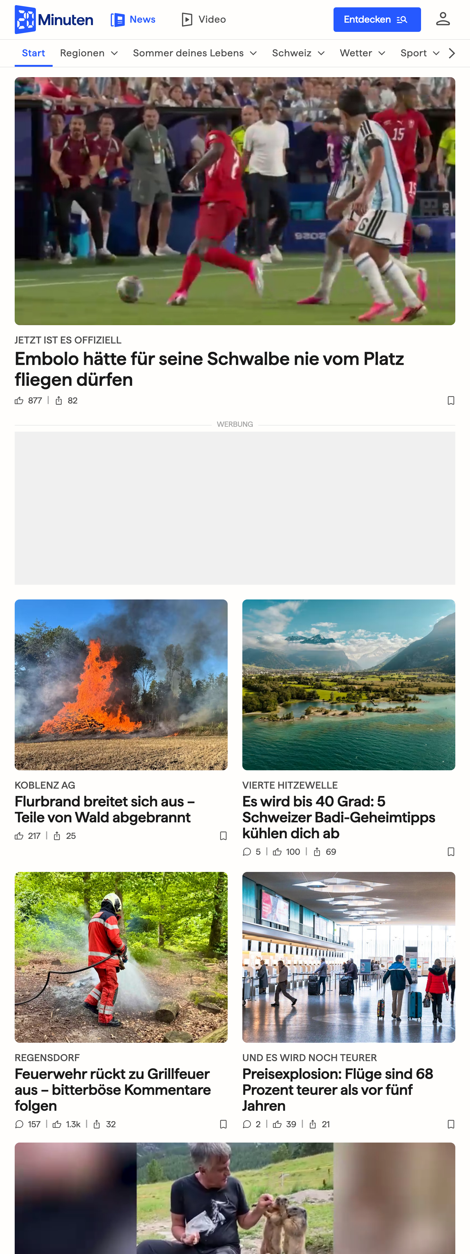 Screenshot of the 20 Minuten front page