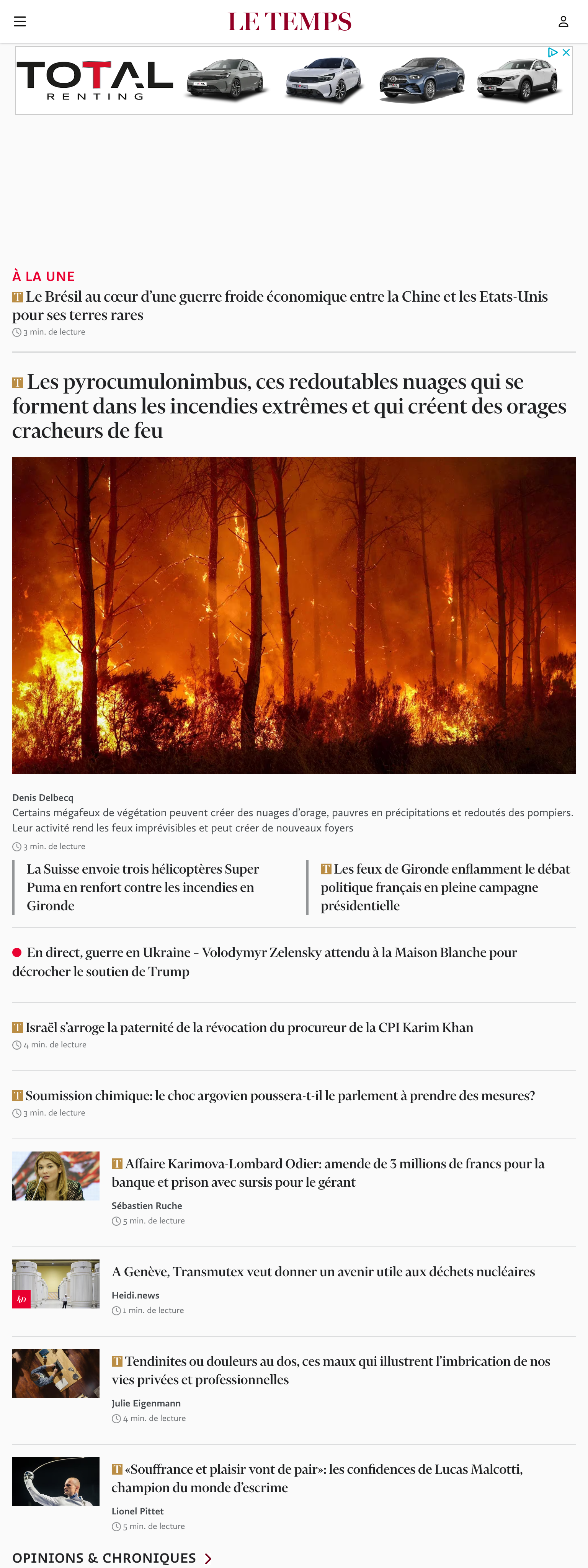 Screenshot of the Le Temps front page