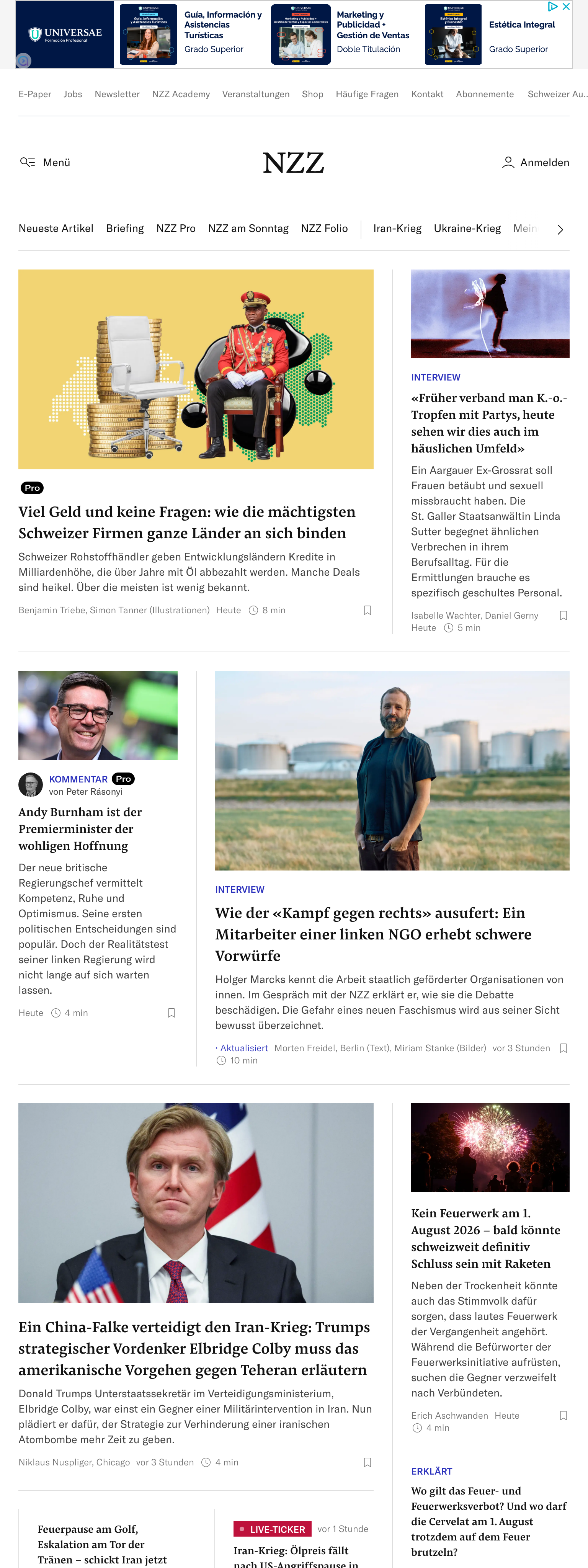 Screenshot of the Neue Zürcher Zeitung front page