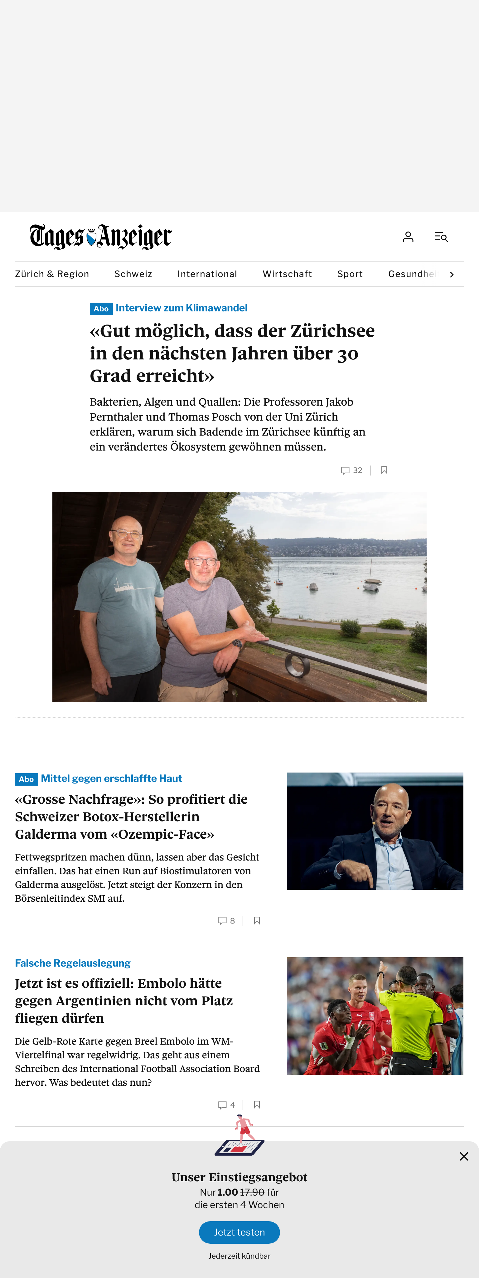 Screenshot of the Tages-Anzeiger front page